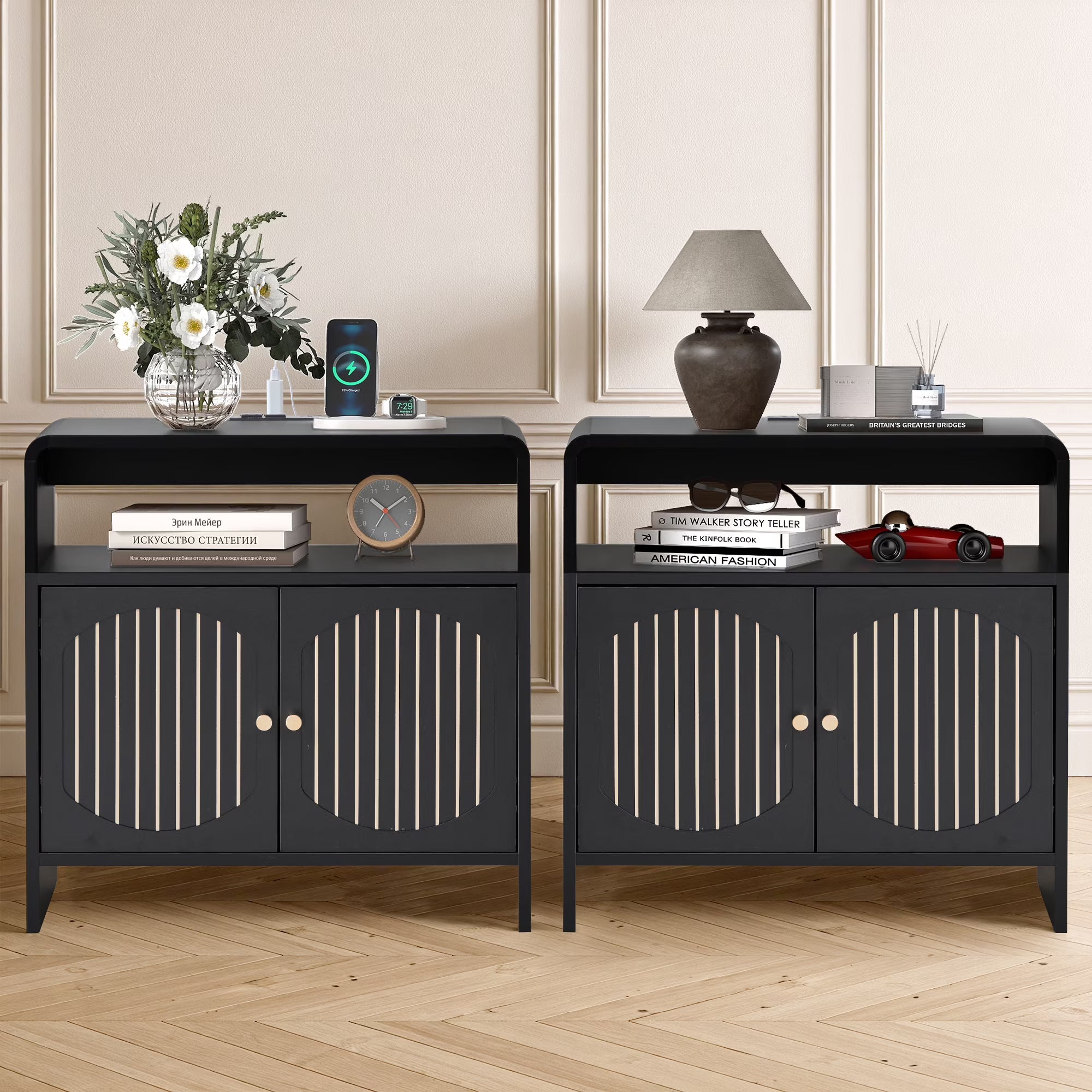 Wirrytor Black 2-Pack Side Tables With Charging Station, Modern Curved Edge End Tables With 2 Doors & Adjustable Shelves, Sleek Nightstands For Bedroom Living Room