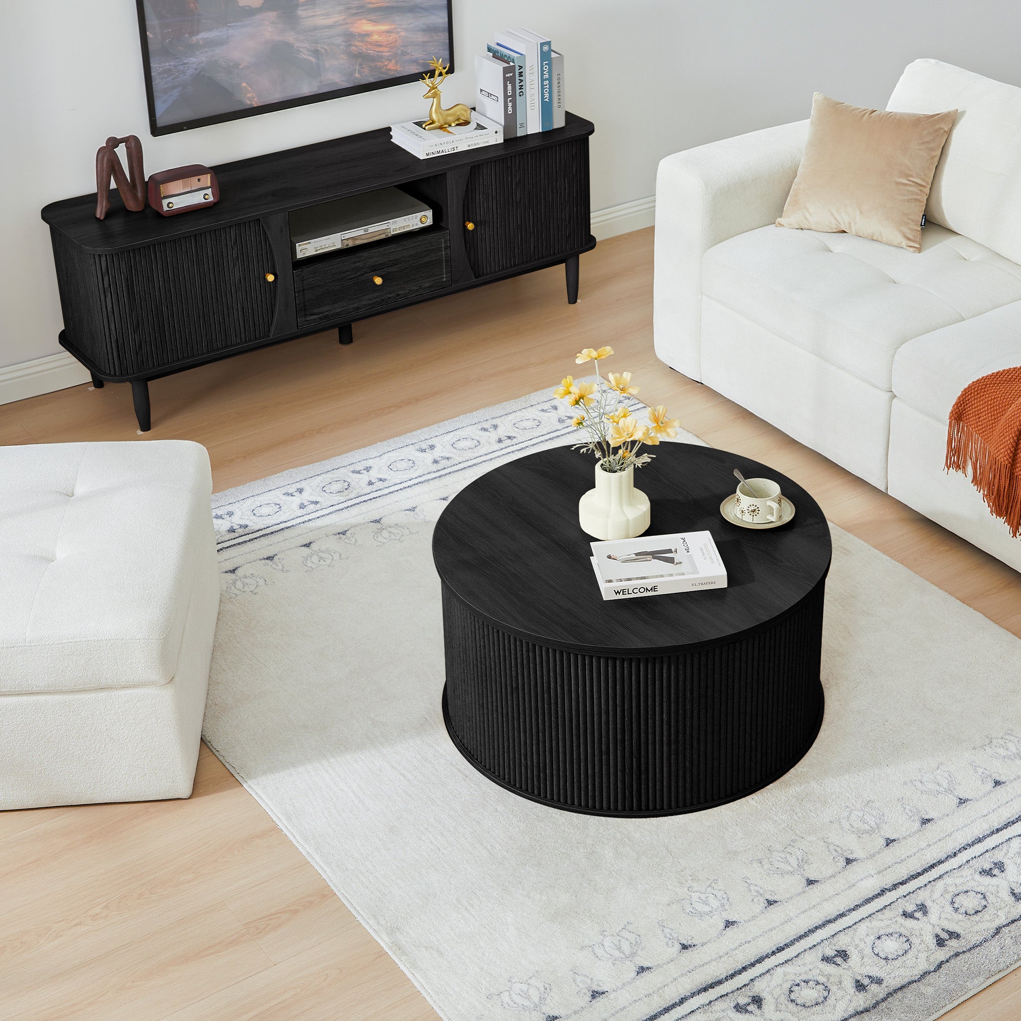 Wirrytor 31 inches Round Lift Top Coffee Table with Storage and Flip Top, Fluted Center Table for Living Room, Wood Coffee Table with Hidden Compartment, Round Arc Design