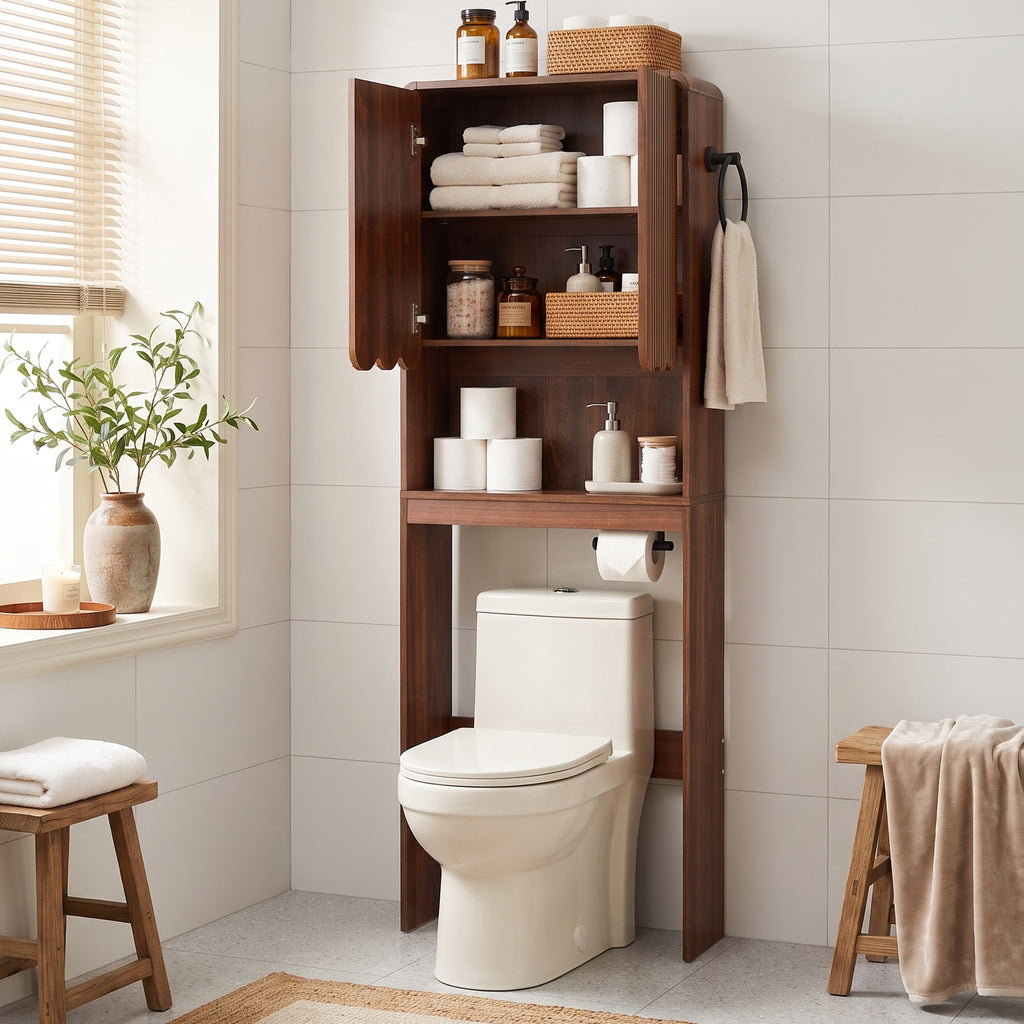 WIRRYTOR Modern Fluted Over the Toilet Storage Cabinet, 68" Tall Freestanding Bathroom Organizer with Adjustable Shelf and Paper Holder, Walnut