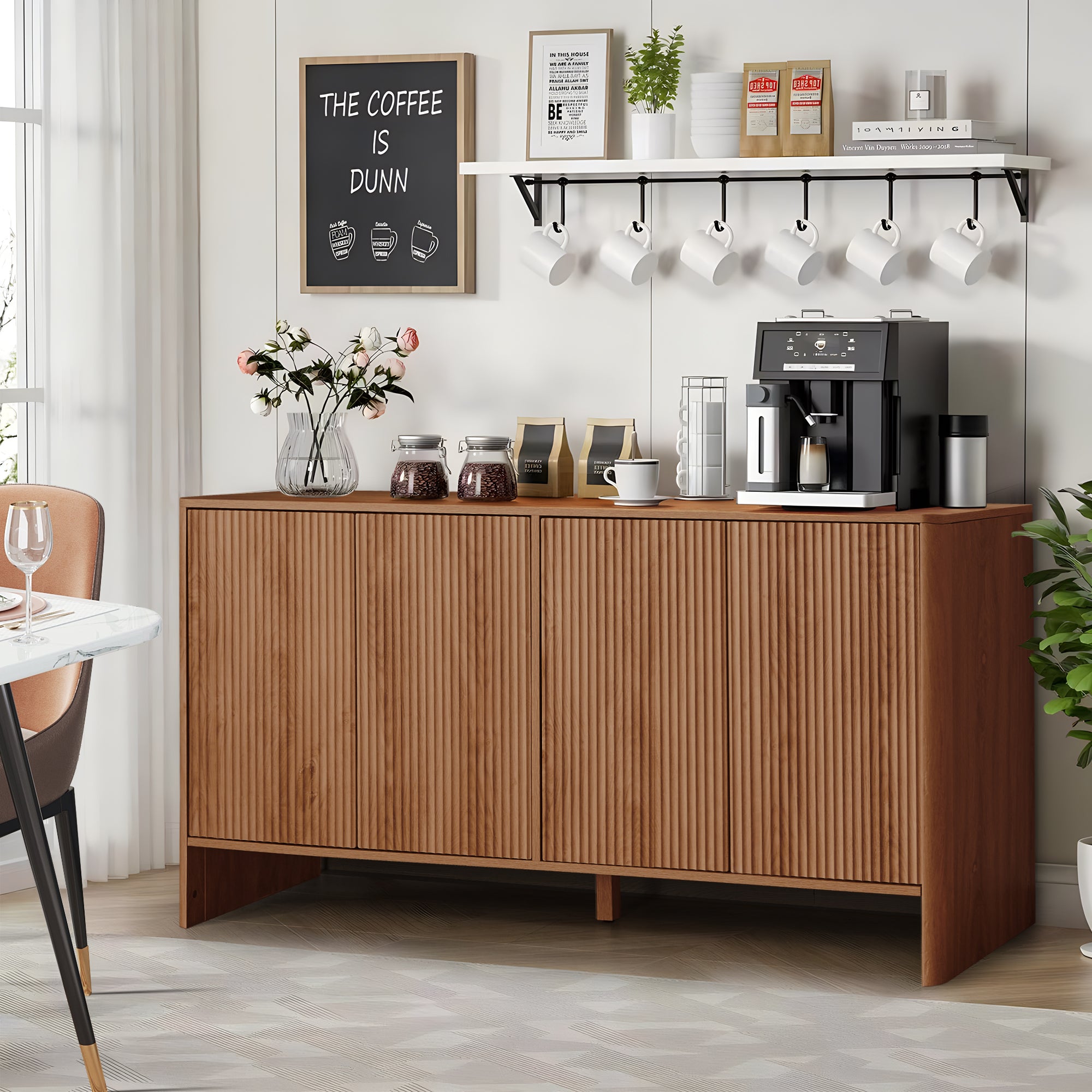 Wirrytor Sideboard Storage Cabinet with Doors and Shelves, Buffet Cabinet with Storage, Credenza Storage Cabinet for Kitchen, Wooden Fluted Cabinet, Under TV Cabinet with Storage - Black