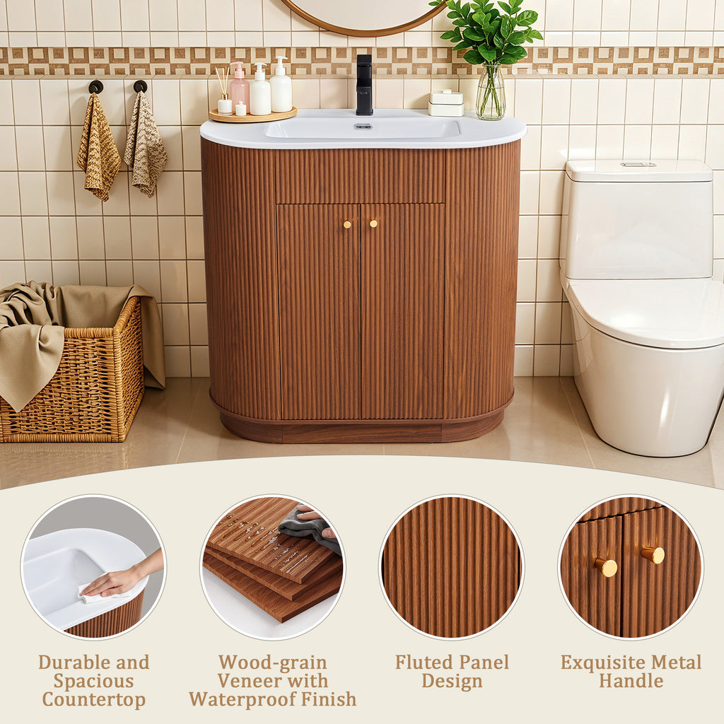 WIRRYTOR 35" Modern Bathroom Vanity with Sink and Faucet, Oval Fluted Freestanding Bathroom Cabinet with Soft-Close Doors and Storage Shelf