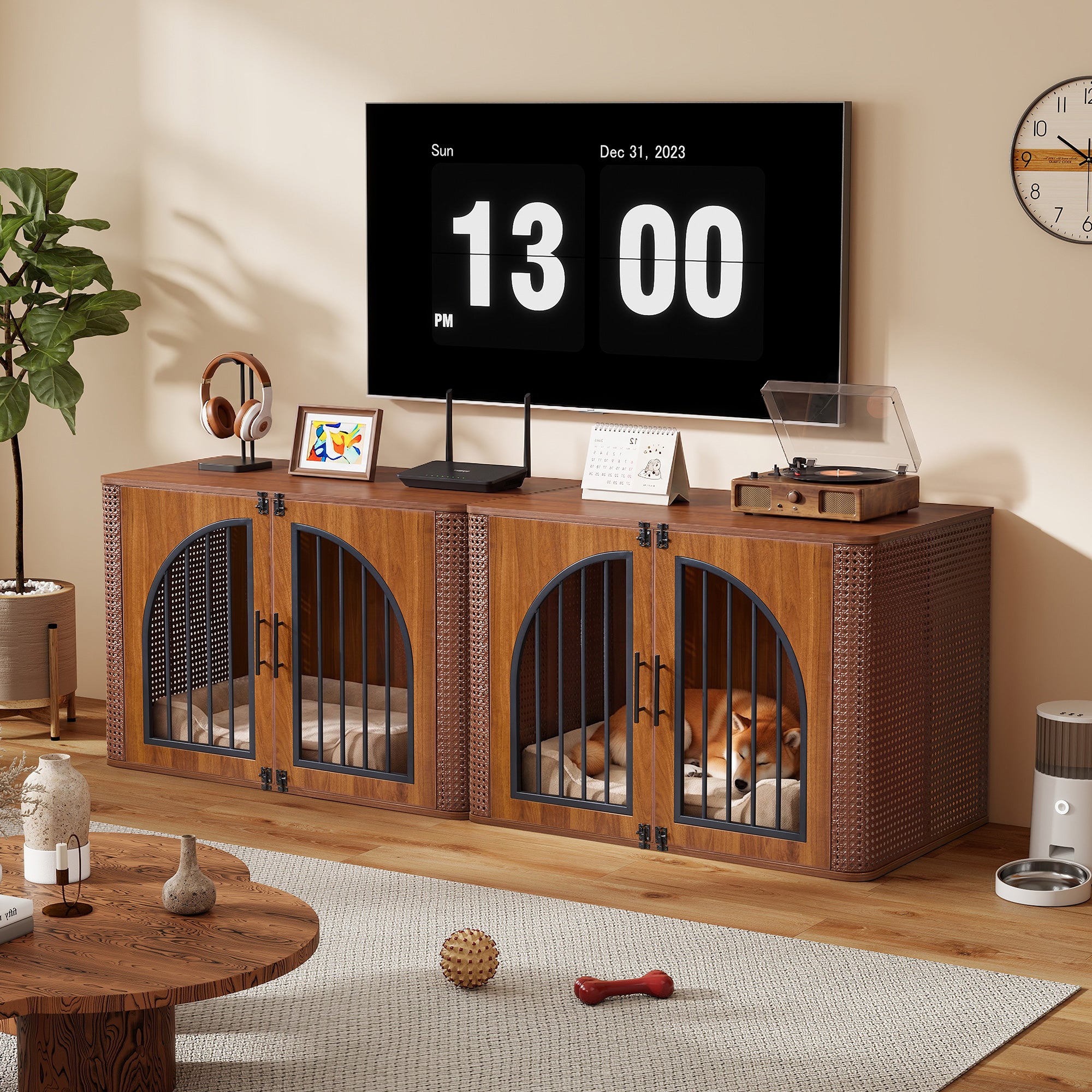 WIRRYTOR 39.37" Wooden Furniture Dog Crate with Arched Doors, Modern Indoor Dog Kennel Pet House End Table for Medium Dogs