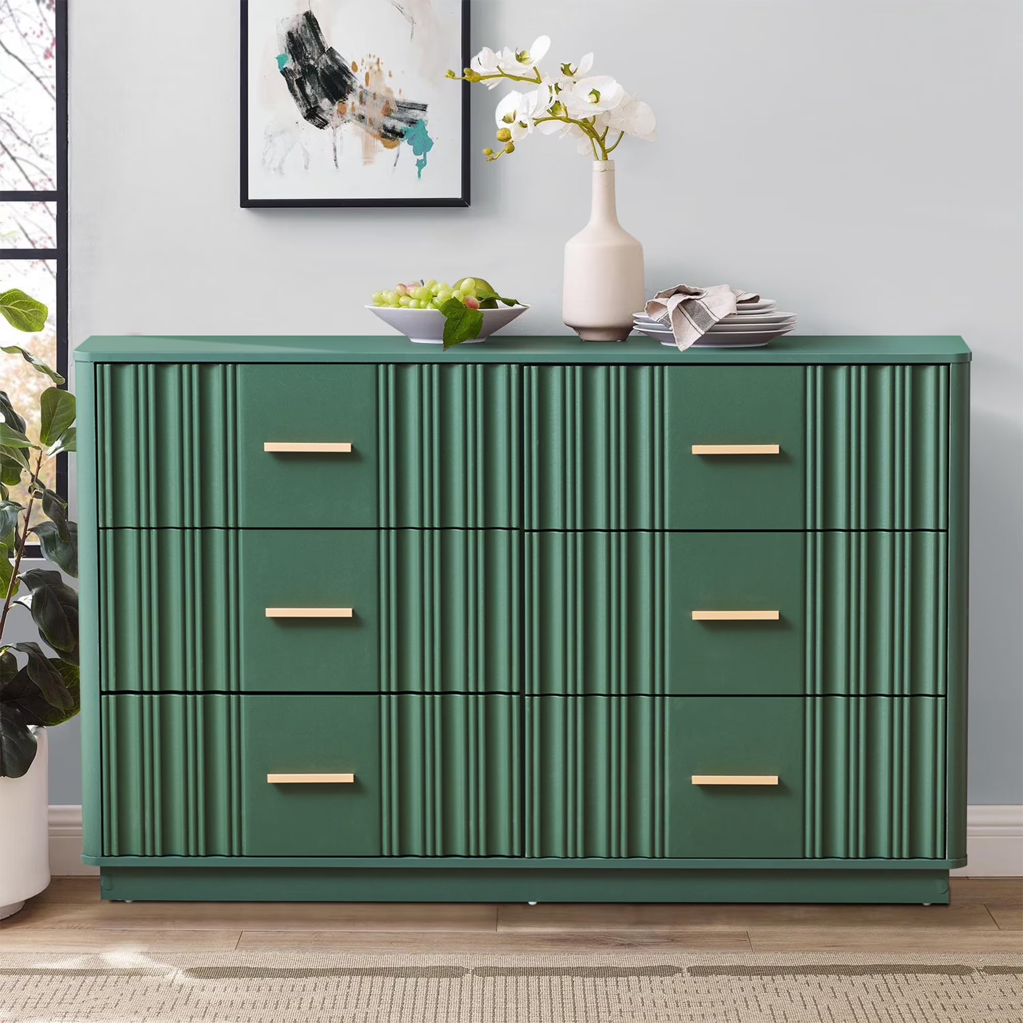 Wirrytor 6-Drawer Emerald Green Fluted Dresser, Modern Wave Panel Storage Organizer With Anti-Tipping Design, Large Capacity Closet Cabinet For Bedroom Living Room Hallway