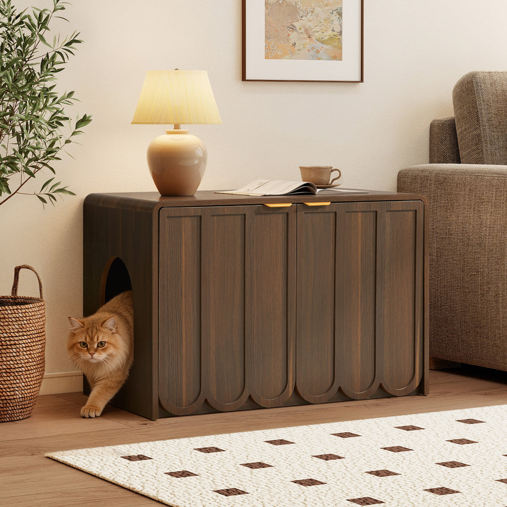 Wirrytor Wave Panel Cat Litter Box Enclosure, Modern Hidden Litter Box with Side Hooks, Multi-Use Cat Washroom Furniture for Living Room