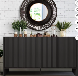 Wirrytor Sideboard Storage Cabinet with Doors and Shelves, Buffet Cabinet with Storage, Credenza Storage Cabinet for Kitchen, Wooden Fluted Cabinet, Under TV Cabinet with Storage - Black