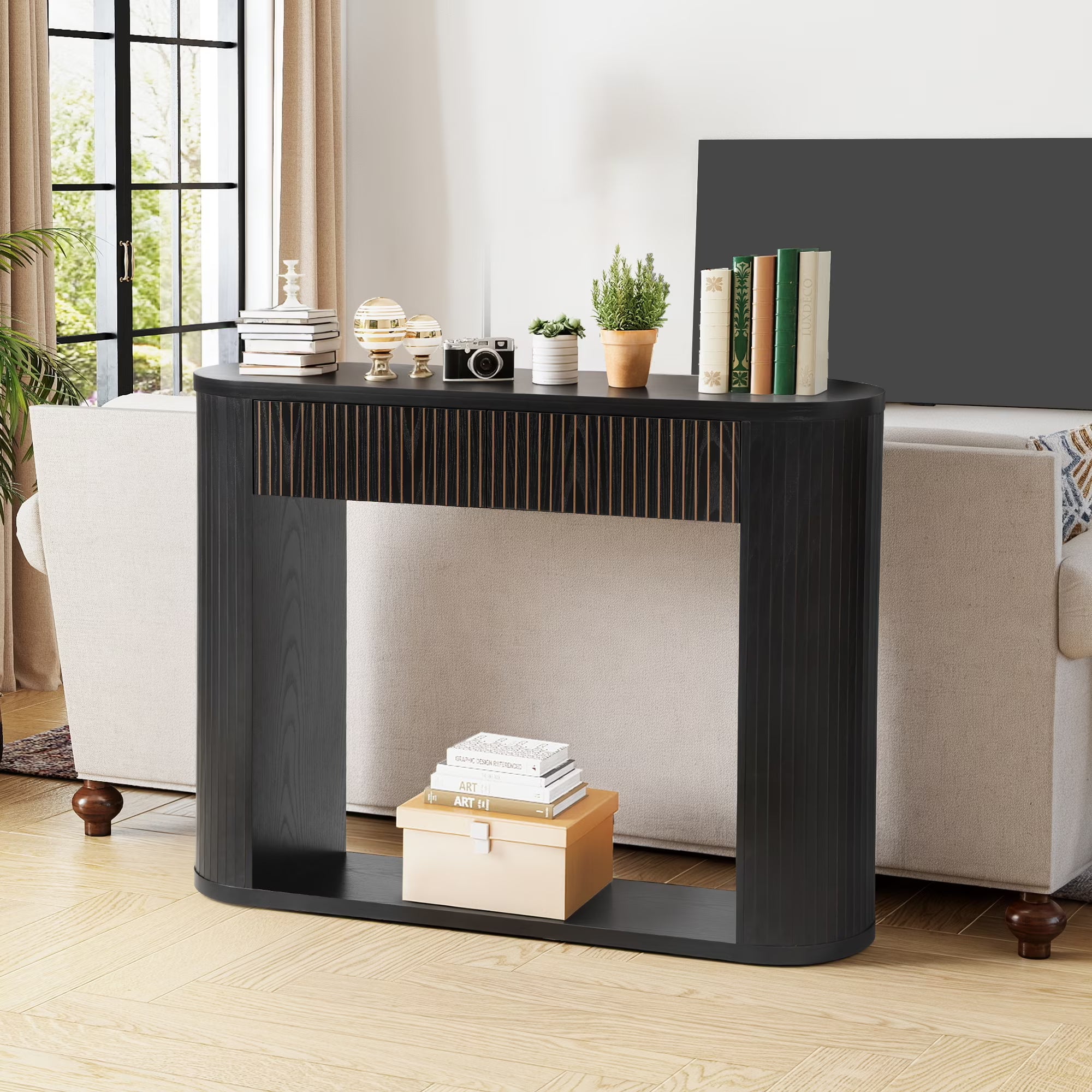 Wirrytor Console Table with Stroge, Narrow Entryway Table with Drawers for Living Room and Entryway, Sofa Table with and Open Storage Shelf, Couch Table Behind Sofa,Black