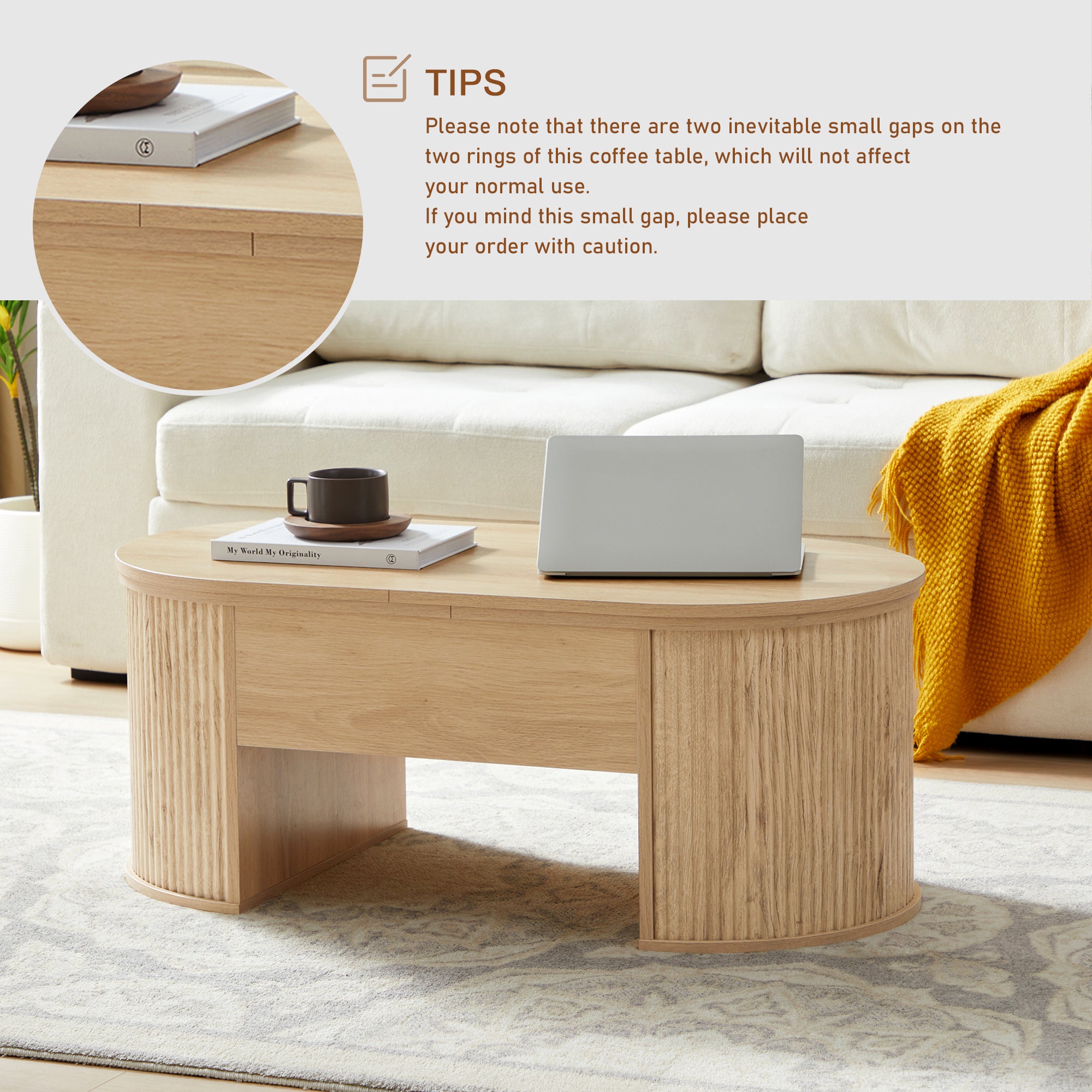 Wirrytor Lift Top Coffee Table with Storage and Open Storage Shelf, Oval Coffee Table for Living Room, Elliptical Arc Design, Fluted Center Table,  Finish & Spacious Storage,