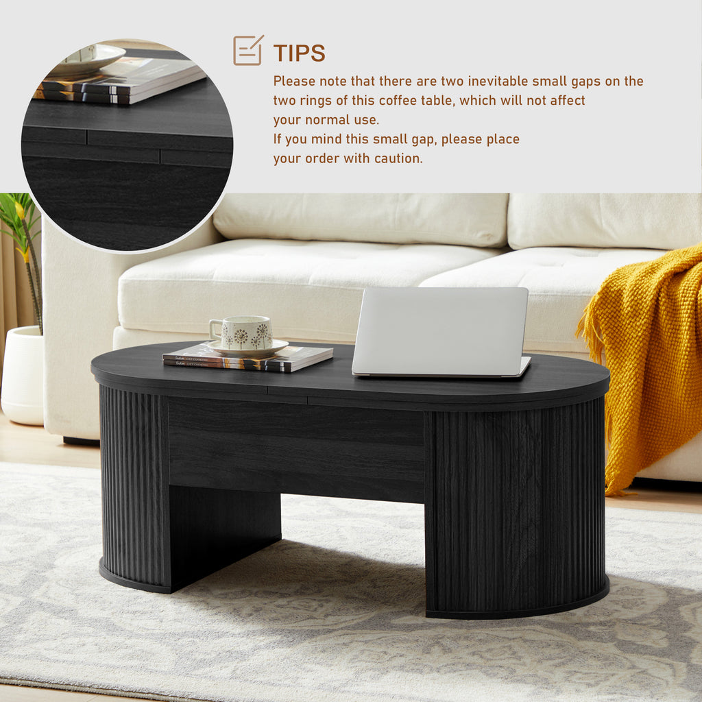 Wirrytor Lift Top Coffee Table with Storage and Open Storage Shelf, Oval Coffee Table for Living Room, Elliptical Arc Design, Fluted Center Table,  Finish & Spacious Storage,
