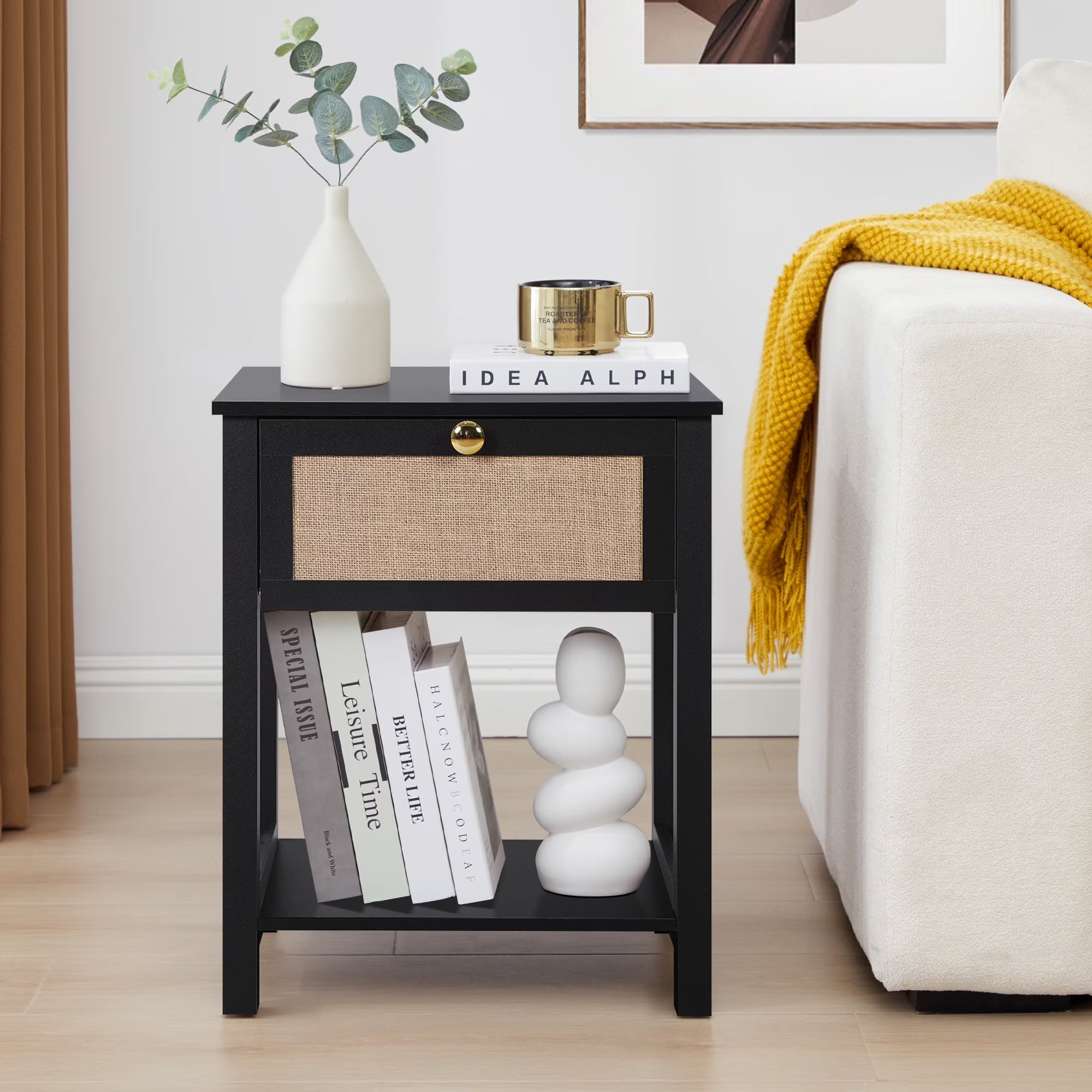 Wirrytor Rattan Nightstand,Boho Bedside Tables Rattan Decor Drawer with Brass Knobs Night Stand Wood Bedside Table Boho End Tables Side Tables with Storage Shelf, Black