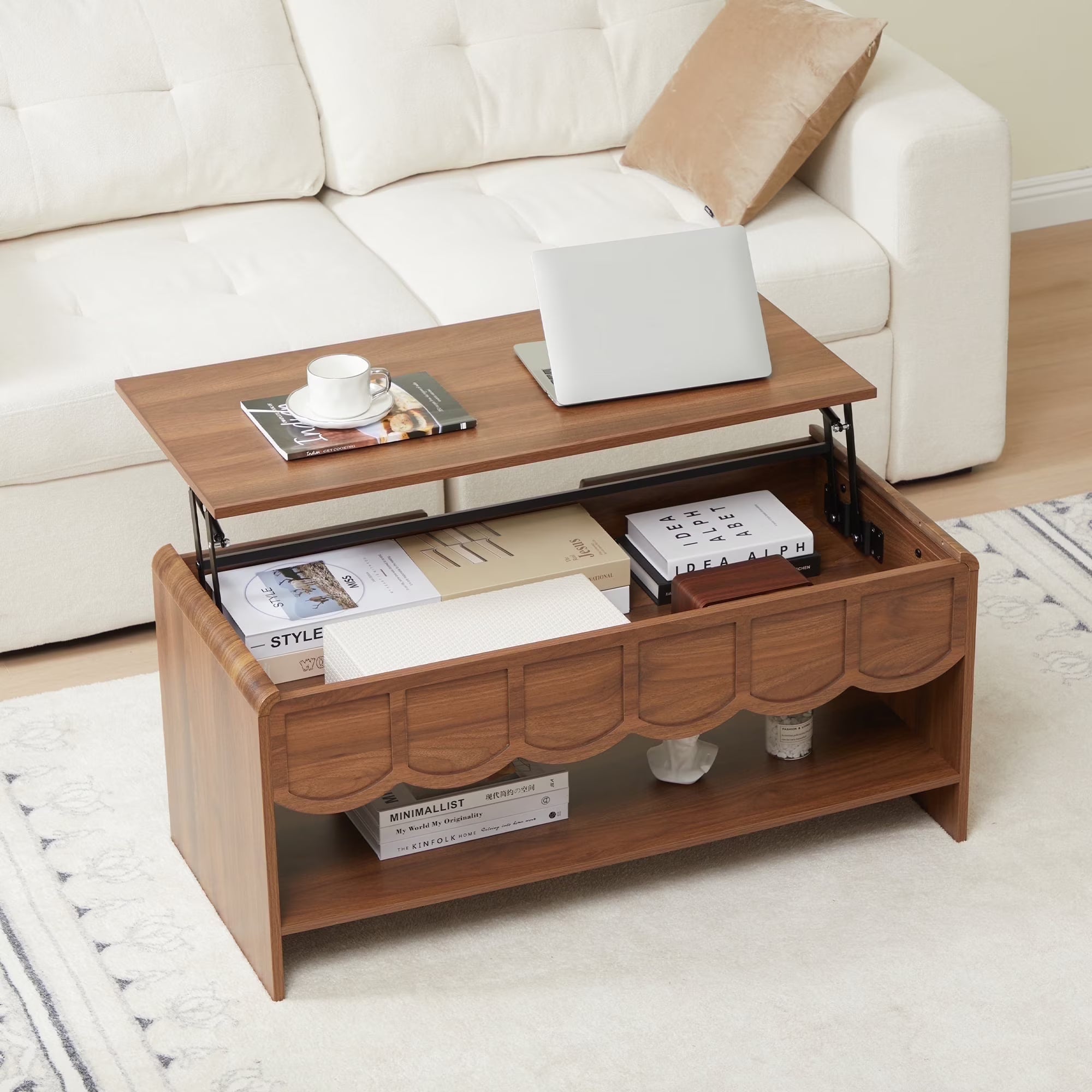 Wirrytor Lift Top Coffee Table with Storage for Living Room , Oval Coffee Table with Hidden Compartment and Open Shelf, Modern Center Tables, Wave Edge Design
