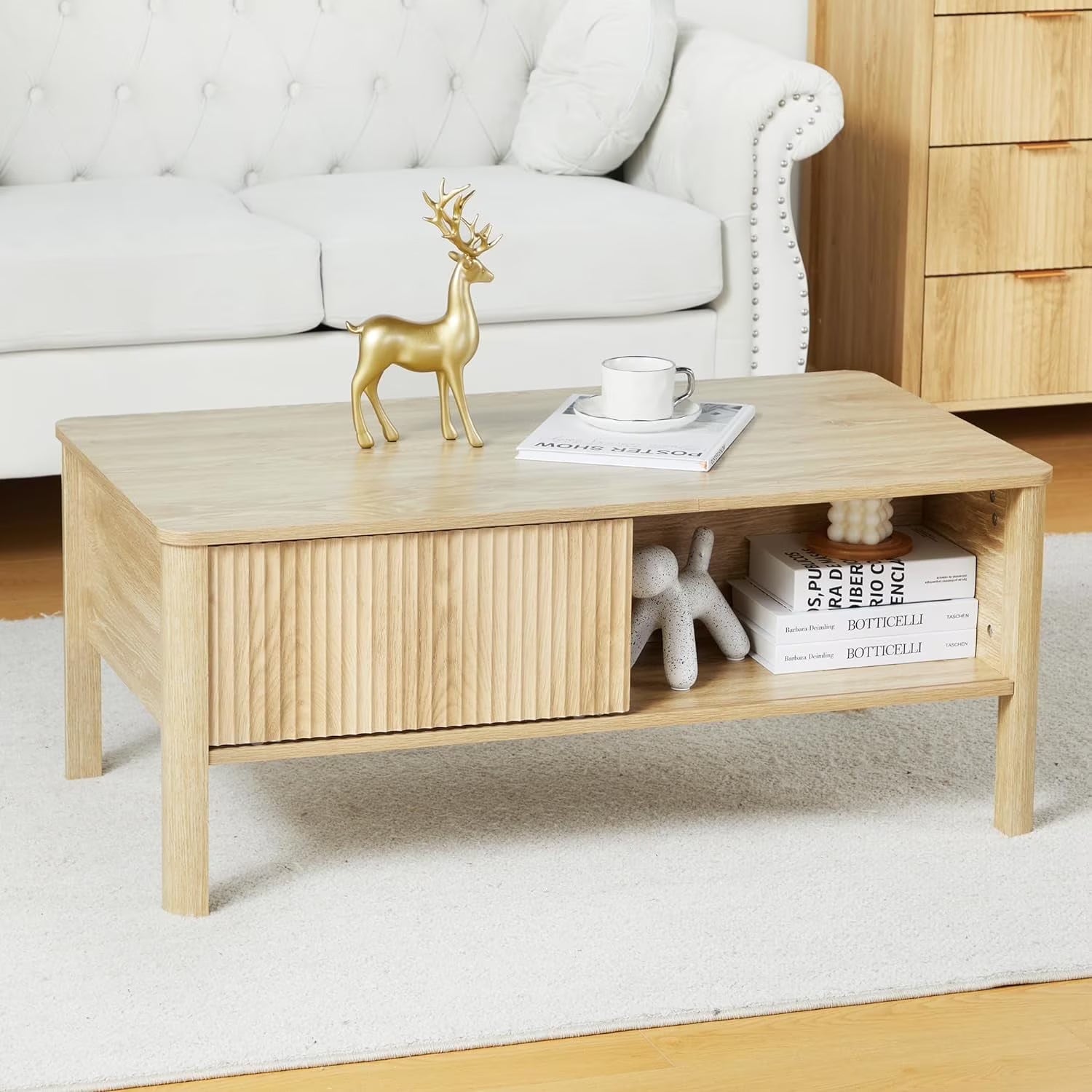 Wirrytor Mid-Century Square Fluted Coffee Table with Dual Storage Shelf, Storage Center Coffee Tables with Waveform Panel Sliding Door Dining Table for Living Room Apartment(Natural)