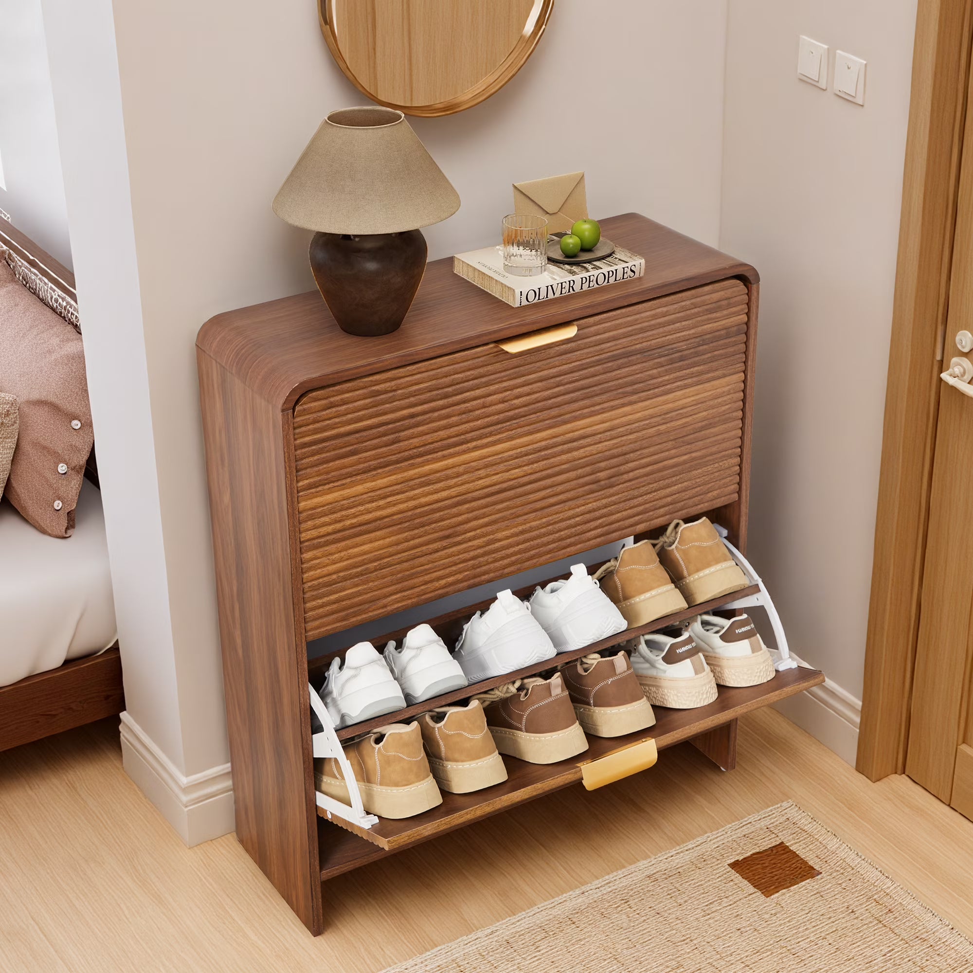 Wirrytor Walnut Curved Edge 2 Flip Drawer Shoe Cabinet, 75cm Fluted Panel Narrow Shoe Storage Organizer, Adjustable Shelf Entryway Shoe Rack For Hallway Bedroom
