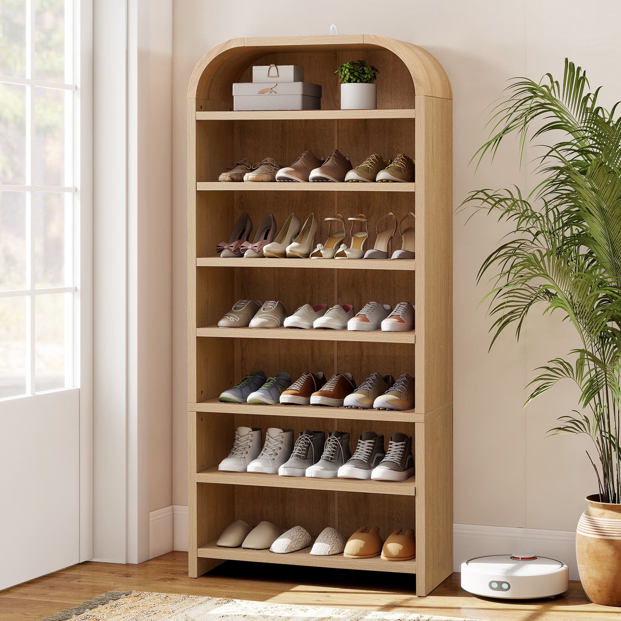 Wirrytor Natural Wood Arched Tall Shoe Cabinet, 7-Tier Vertical Shoe Storage Organizer With Adjustable Shelves, Anti-Tip Freestanding Shoe Rack For Entryway Hallway Bedroom
