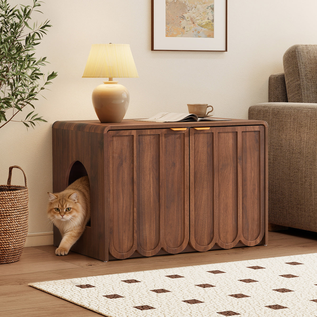 Wirrytor Wave Panel Cat Litter Box Enclosure, Modern Hidden Litter Box with Side Hooks, Multi-Use Cat Washroom Furniture for Living Room