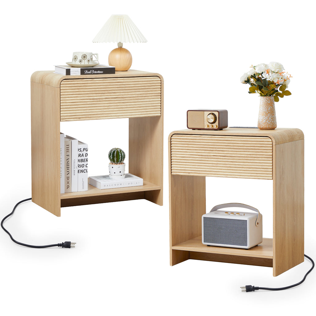Wirrytor Walnut Fluted Nightstand with Charging Station and Storage Shelf, Modern Bedside Table with 1 Drawer for Bedroom, Space Saving End Table for Living Room Or Home Office
