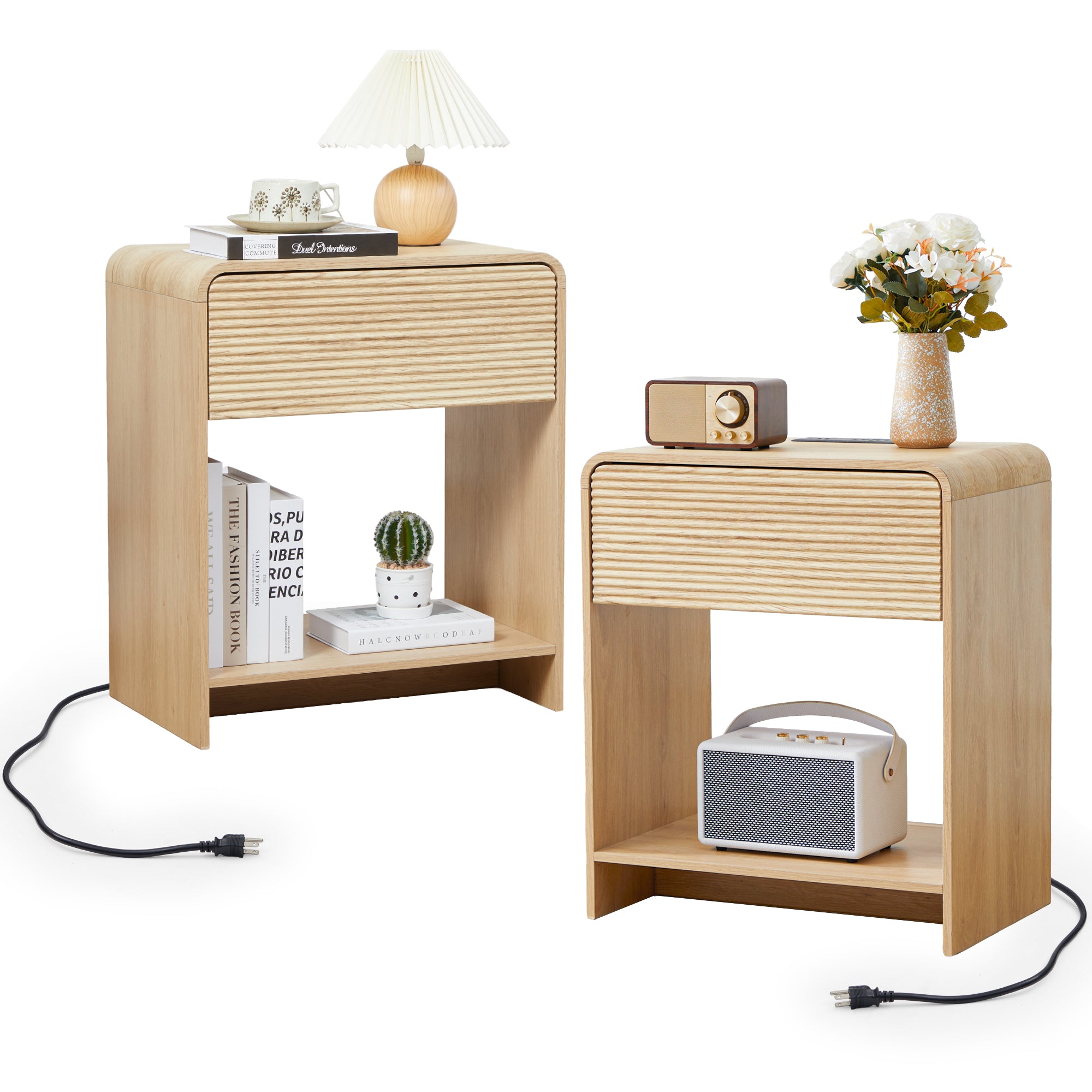 Wirrytor Walnut Fluted Nightstand with Charging Station and Storage Shelf, Modern Bedside Table with 1 Drawer for Bedroom, Space Saving End Table for Living Room Or Home Office