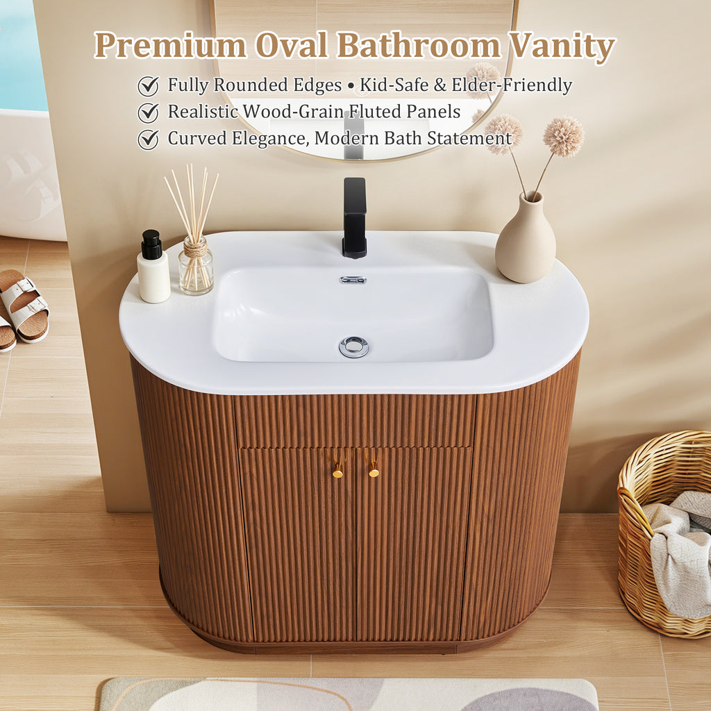 WIRRYTOR 35" Modern Bathroom Vanity with Sink and Faucet, Oval Fluted Freestanding Bathroom Cabinet with Soft-Close Doors and Storage Shelf