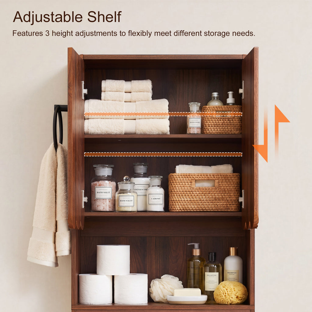 WIRRYTOR Modern Fluted Over the Toilet Storage Cabinet, 68" Tall Freestanding Bathroom Organizer with Adjustable Shelf and Paper Holder, Walnut