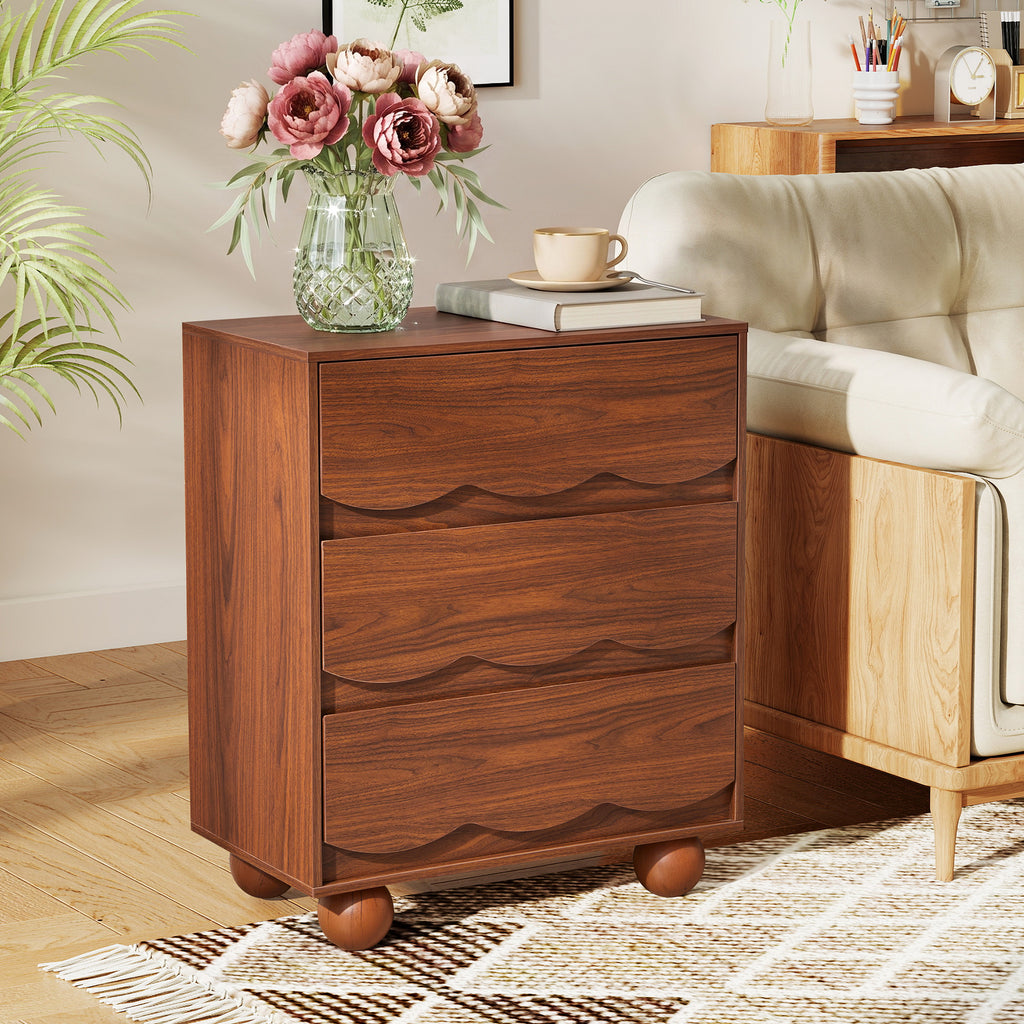 WIRRYTOR Modern Wave Front 3 Drawer Nightstand and Storage Dresser, Scalloped Bedside Table with Solid Wood Ball Leg for Bedroom Living Room