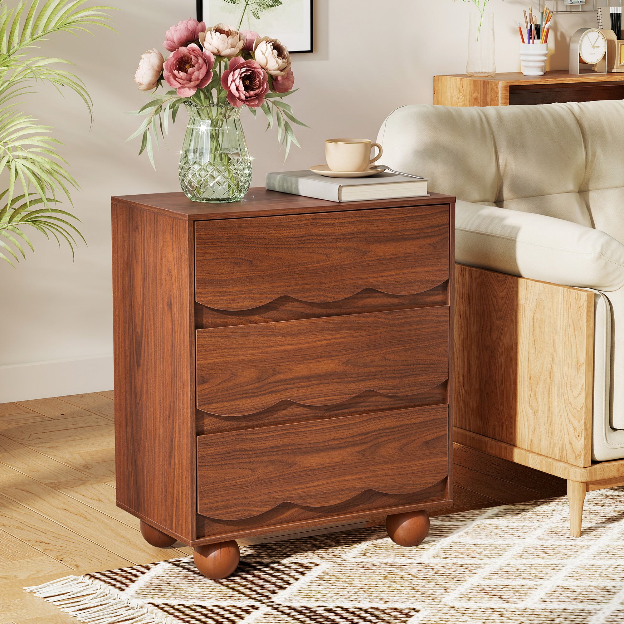 WIRRYTOR Modern Wave Front 3 Drawer Nightstand and Storage Dresser, Scalloped Bedside Table with Solid Wood Ball Leg for Bedroom Living Room
