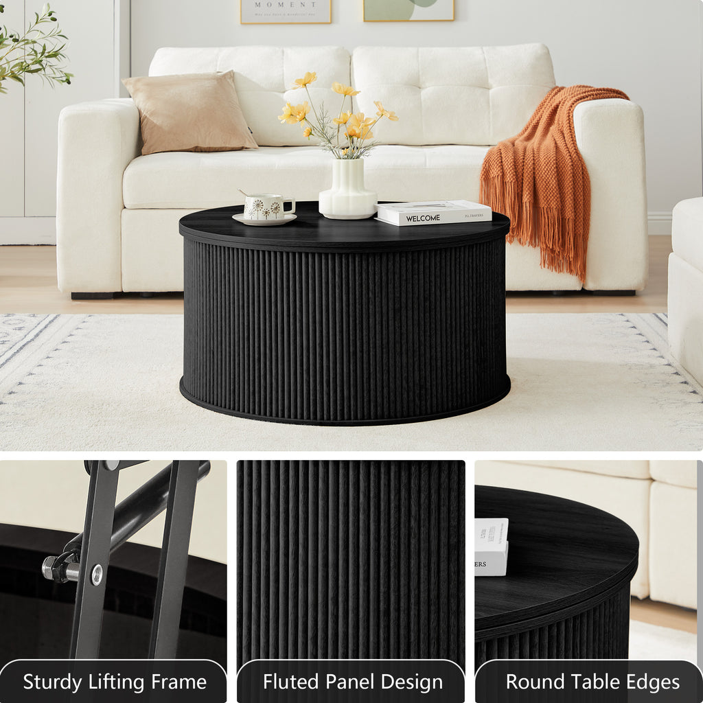 Wirrytor 31 inches Round Lift Top Coffee Table with Storage and Flip Top, Fluted Center Table for Living Room, Wood Coffee Table with Hidden Compartment, Round Arc Design
