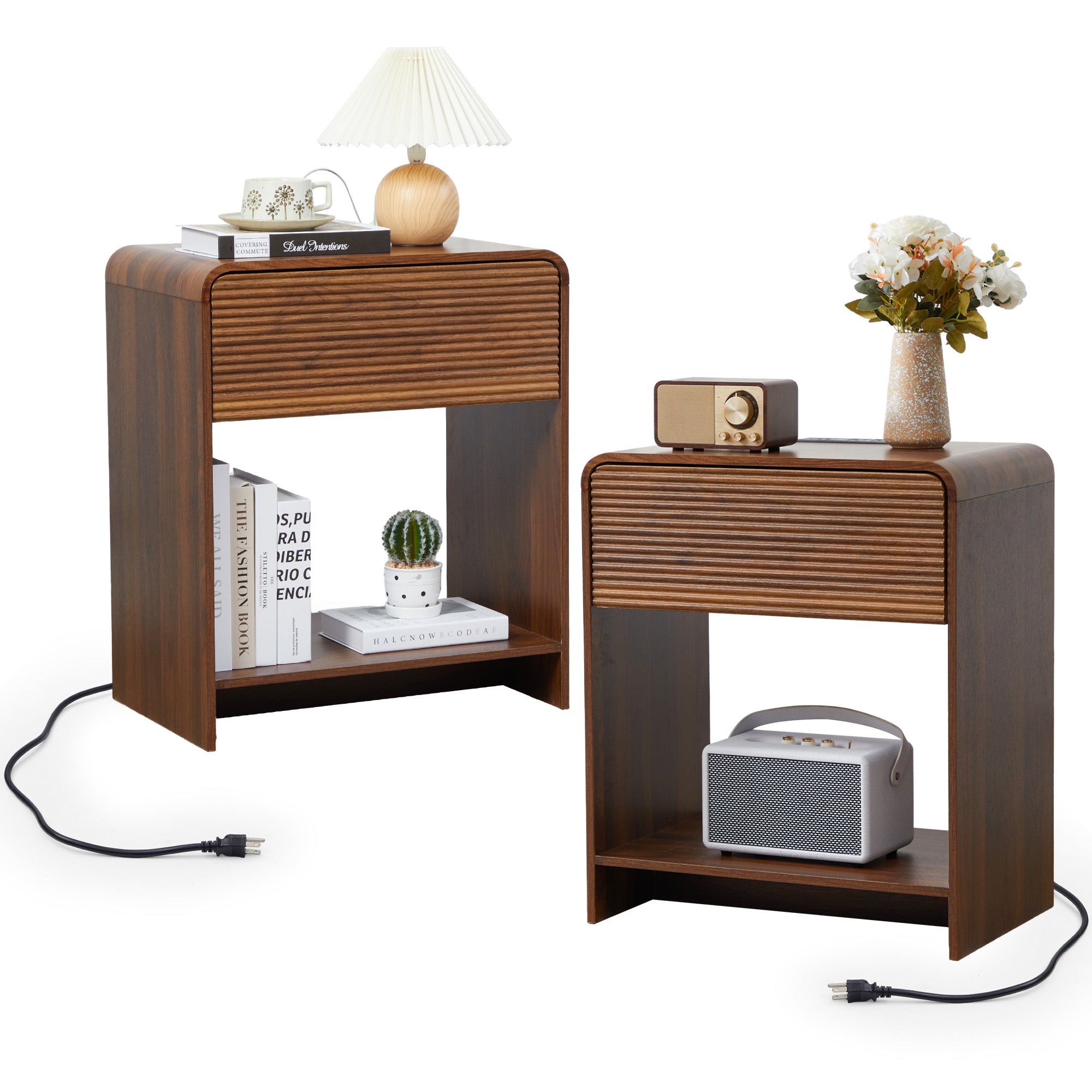 Wirrytor Walnut Fluted Nightstand with Charging Station and Storage Shelf, Modern Bedside Table with 1 Drawer for Bedroom, Space Saving End Table for Living Room Or Home Office