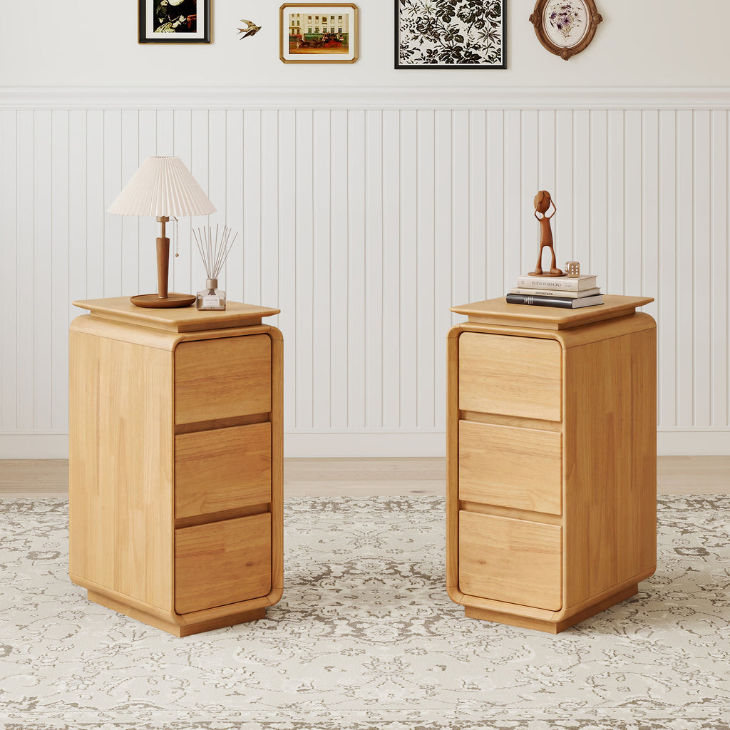 WIRRYTOR Curved Wave Narrow Nightstand Set of 2 for Bedroom, Mid-Century Modern 3 Drawer Slim Bedside Tables, Retro End Table Set of 2