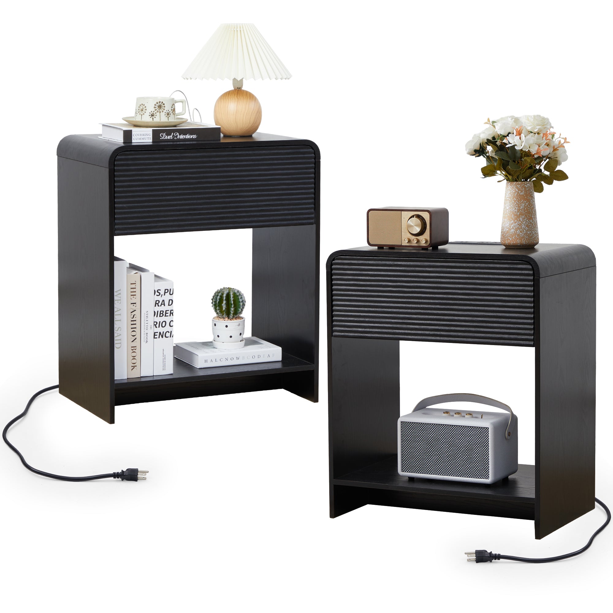 Wirrytor Walnut Fluted Nightstand with Charging Station and Storage Shelf, Modern Bedside Table with 1 Drawer for Bedroom, Space Saving End Table for Living Room Or Home Office