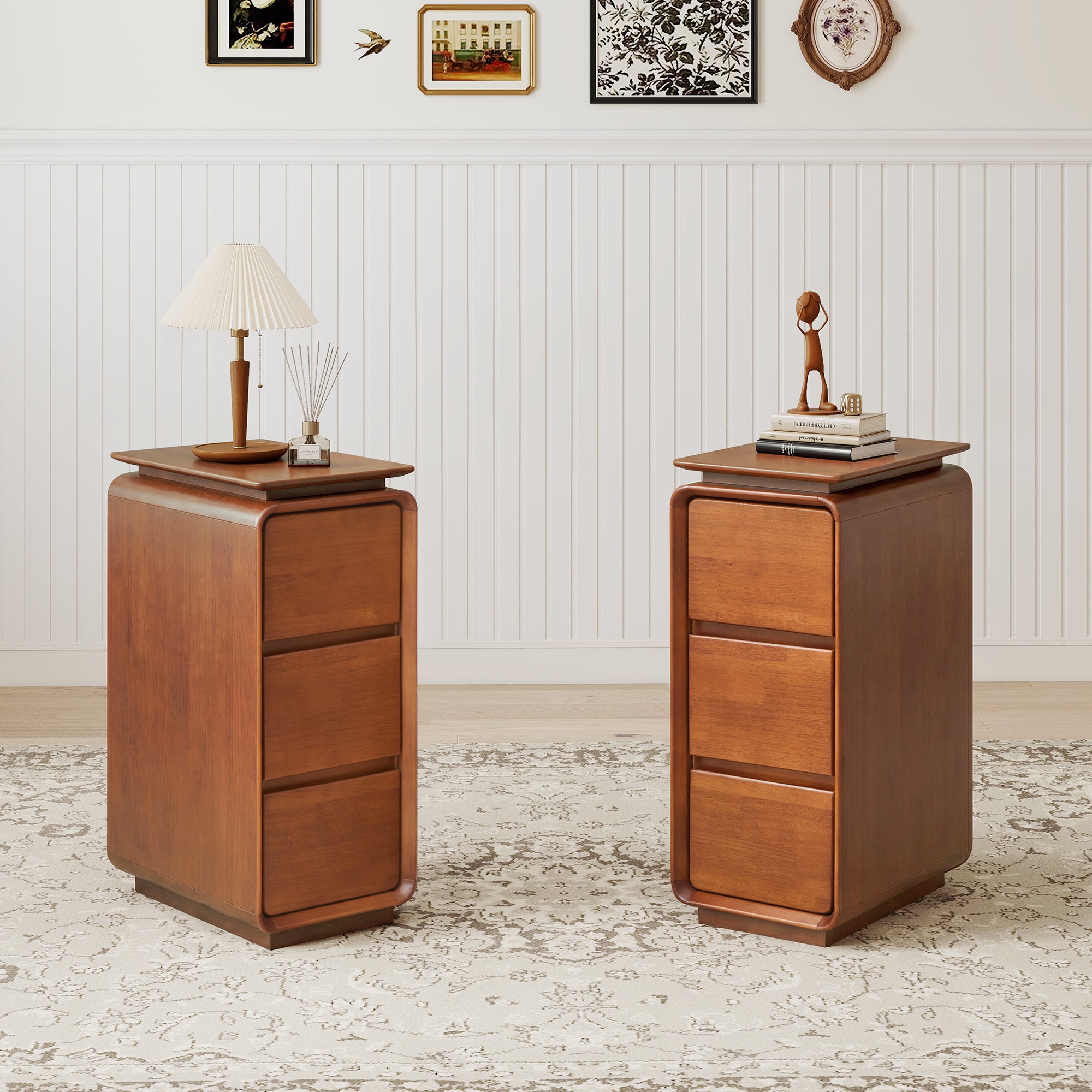 WIRRYTOR Curved Wave Narrow Nightstand Set of 2 for Bedroom, Mid-Century Modern 3 Drawer Slim Bedside Tables, Retro End Table Set of 2