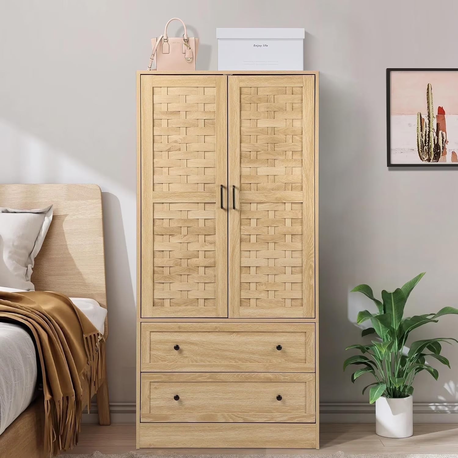 WIRRYTOR Modern Metal 2-Door Wardrobe with Storage Drawers and Clothing Rod, Freestanding for Bedroom