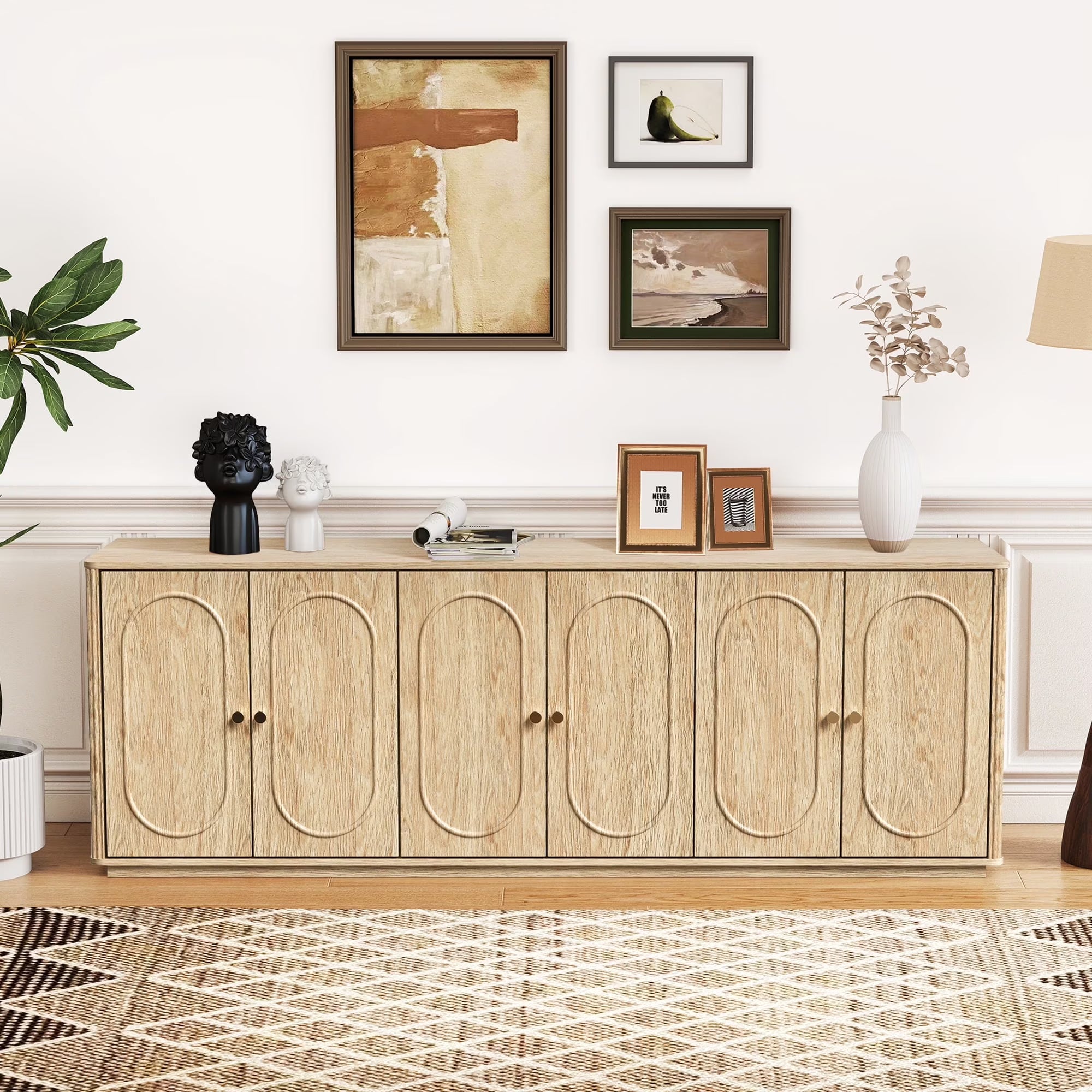 Wirrytor Fluted Sideboard Cabinet with Storage and Adjustable Shelves, Buffet Cabinet with Storage Cabinet, Fluted Carved Kitchen Cabinet, Dining Living Room, Oak