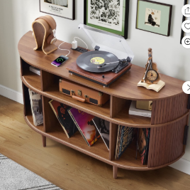 Wirrytor Large Round Record Player Stand with Charging Station & USB Ports，Record Storage Cabinet, Mid Century Modern Turntable Stand for Bedroom Living Room (Walnut)