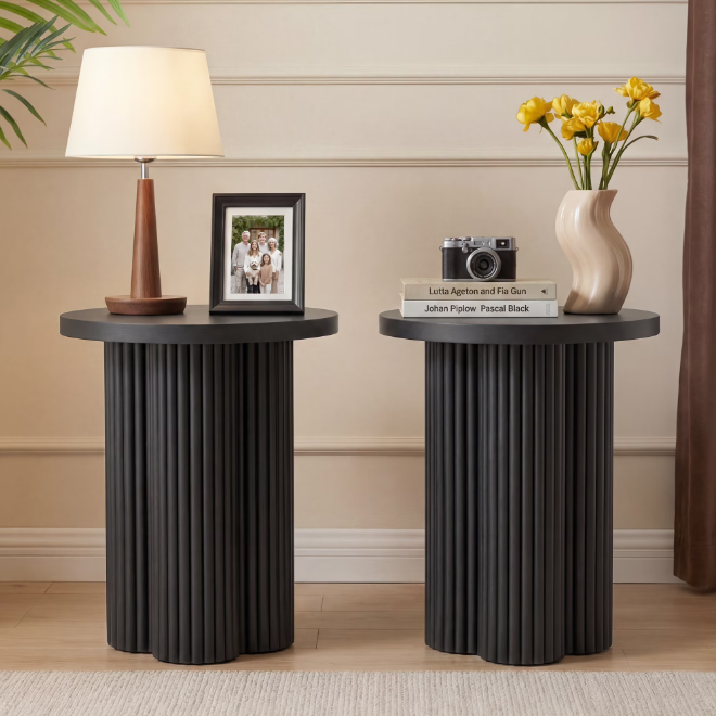 Wirrytor Farmhouse Round End Table, Wooden Fluted Couch Side Table with Octagonal Base for Living Room, Small Bedside Table Accent Cabinet, Bedroom