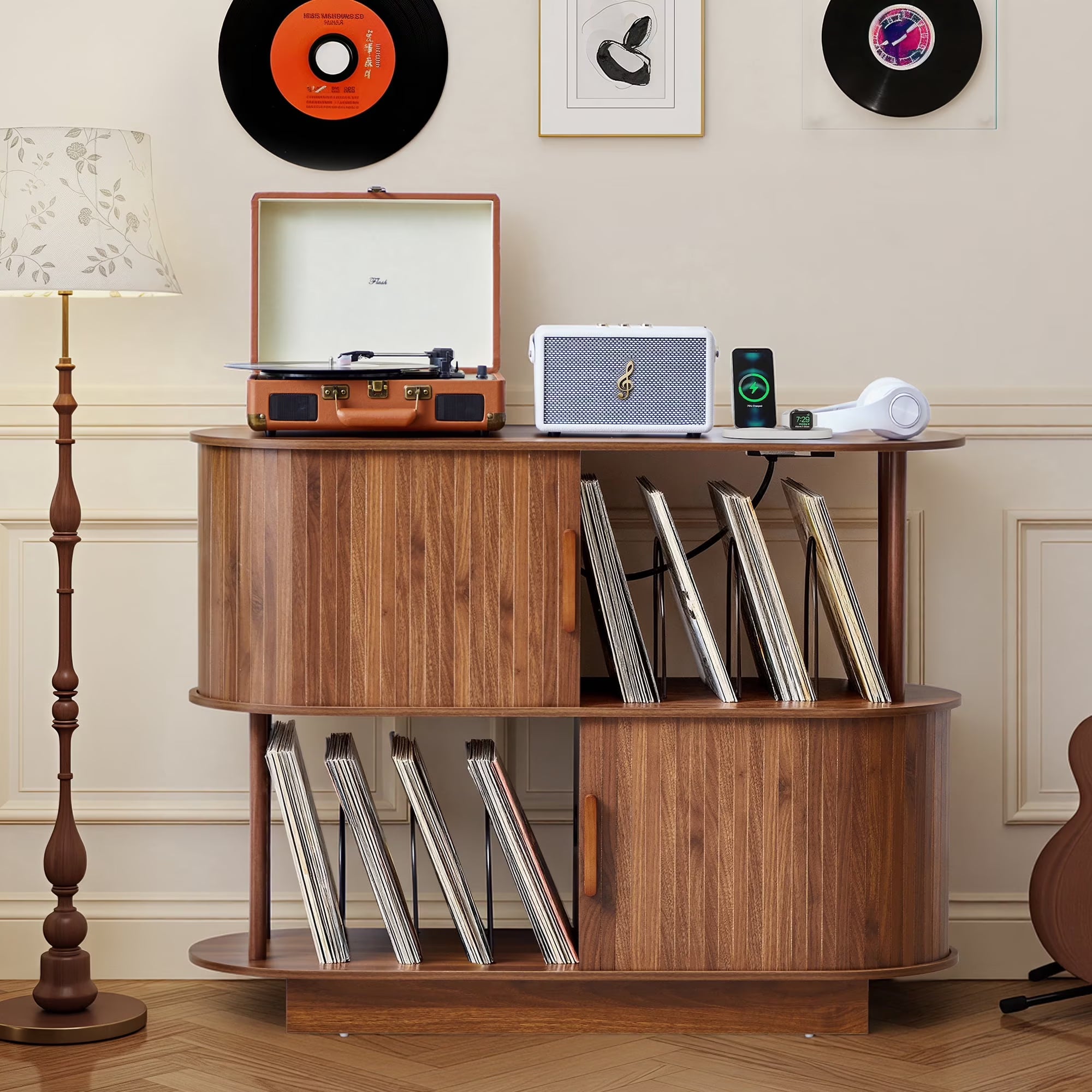 Wirrytor Walnut Oval Vinyl Record Storage Cabinet With Charging Station, 2-Tier Record Player Stand Holds 160 Albums, Includes 2 AC Outlets & 1 USB-C Port For Living Room