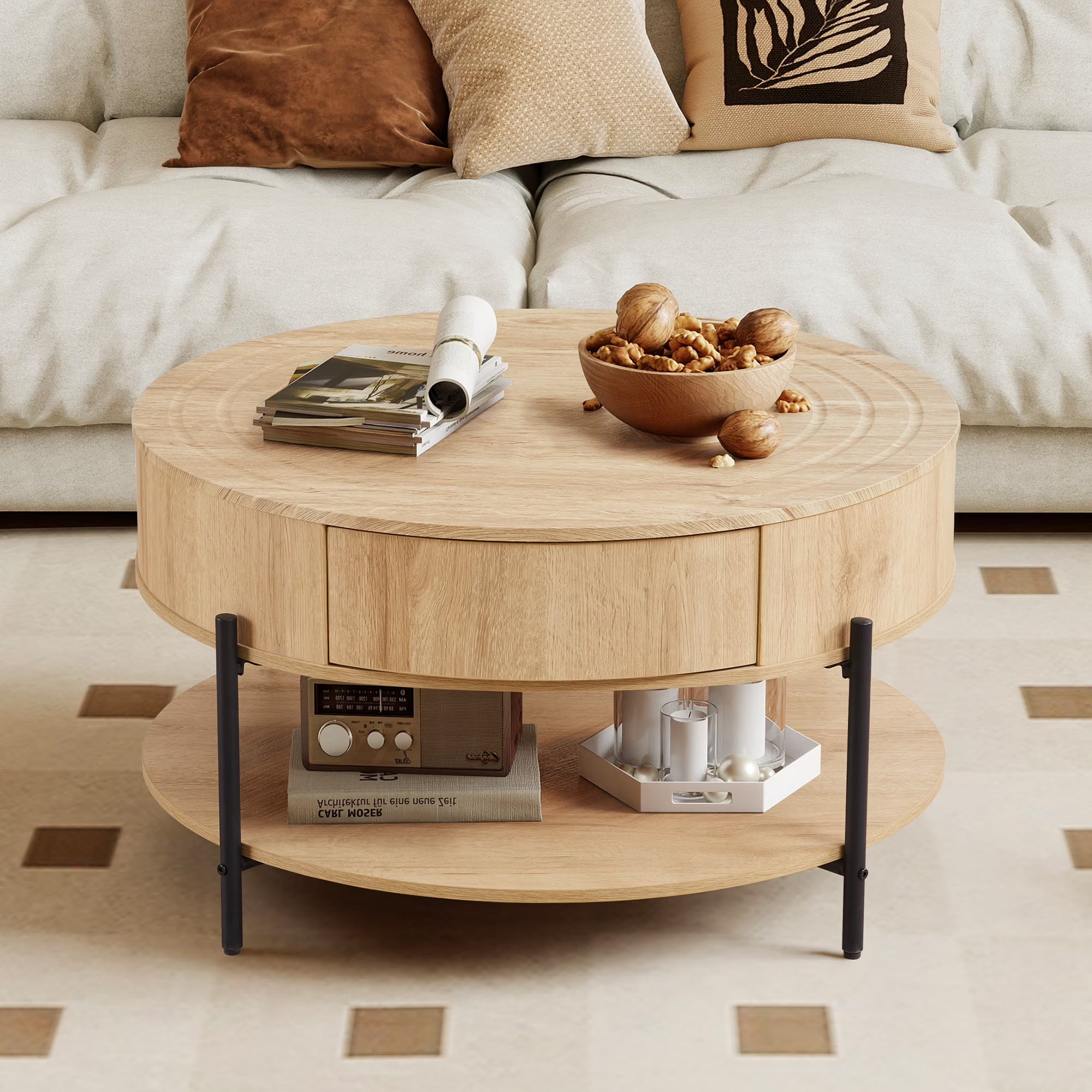 Wirrytor Modern 30" Round Coffee Table for Living Room, 2-Tier storage and 2 drawer Farmhouse Small Coffee Table, Modern Center Table with Round Edge, Water Ripple Desktop, Natural