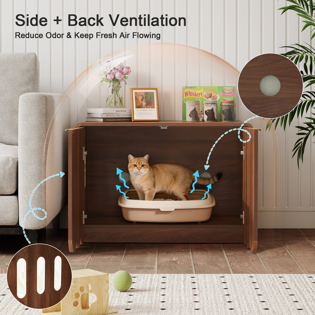 Wirrytor Wave Panel Cat Litter Box Enclosure, Modern Hidden Litter Box with Side Hooks, Multi-Use Cat Washroom Furniture for Living Room