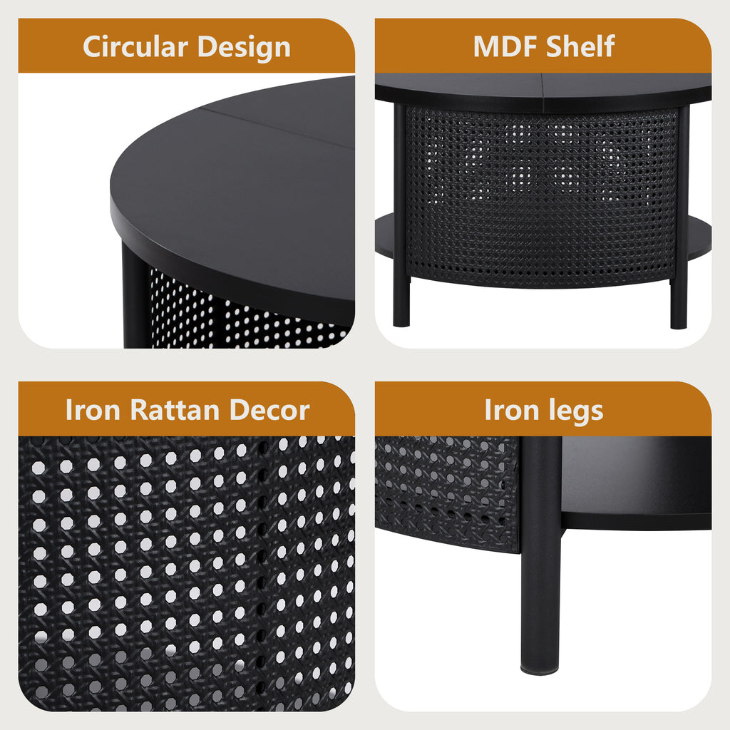 Wirrytor Rattan Round Coffee Table with 2-Tier Wood Storage