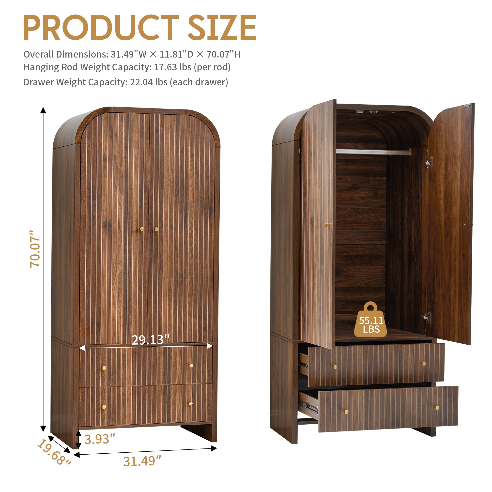 Wirrytor Armoire Wooden Closet with 2 Doors and 2 Drawer