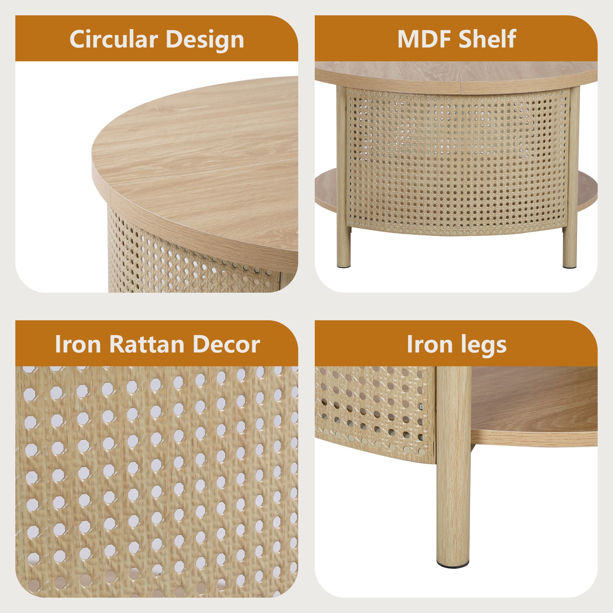 Wirrytor Rattan Round Coffee Table with 2-Tier Wood Storage