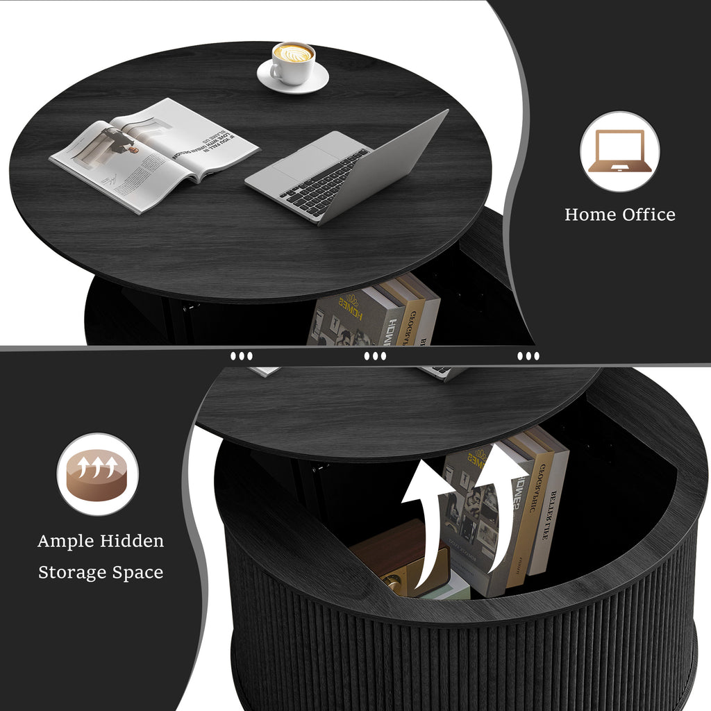 Wirrytor 31 inches Round Lift Top Coffee Table with Storage and Flip Top, Fluted Center Table for Living Room, Wood Coffee Table with Hidden Compartment, Round Arc Design