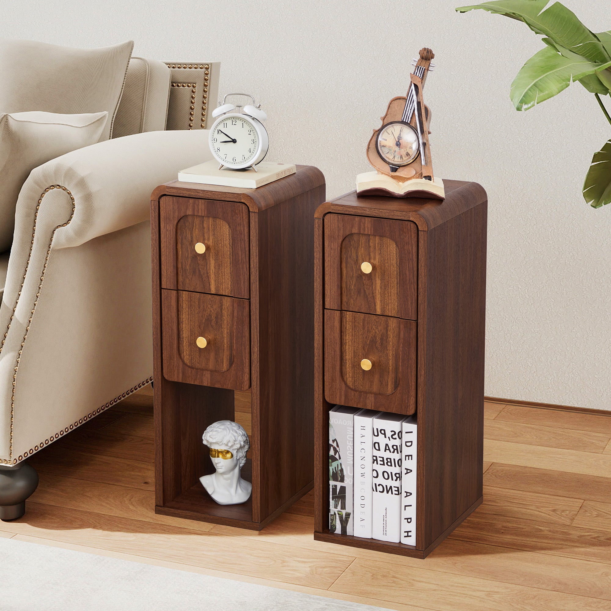 Wirrytor Mid-Century Modern Narrow Nightstand Set of 2 for Bedroom, Slim Bedside Table and Side End Table with 2 Drawers