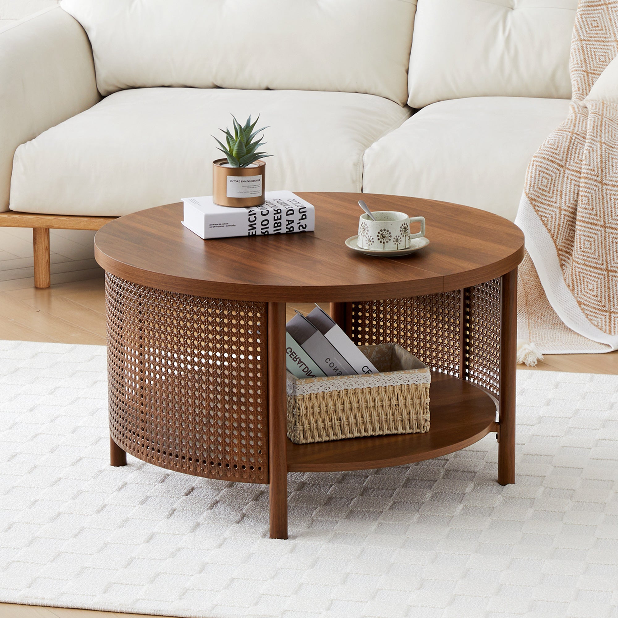 Wirrytor Rattan Round Coffee Table with 2-Tier Wood Storage