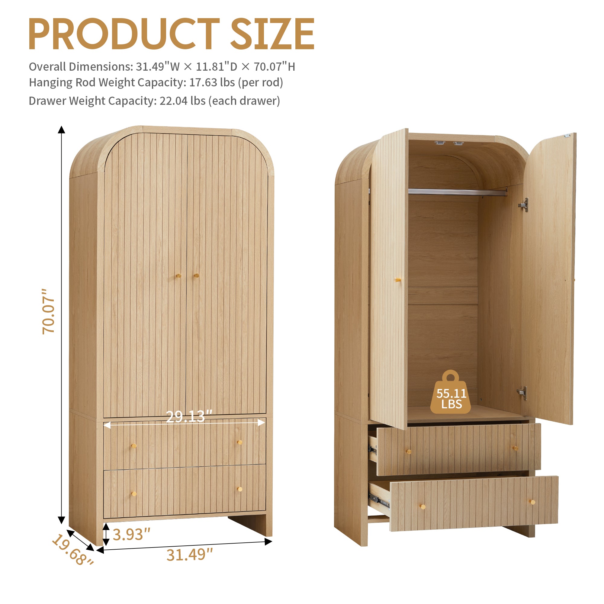 Wirrytor Armoire Wooden Closet with 2 Doors and 2 Drawer