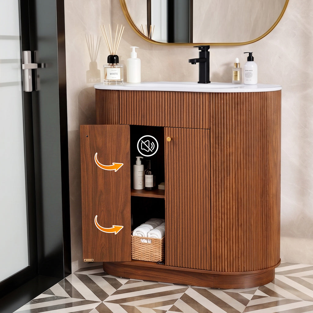WIRRYTOR 35" Modern Bathroom Vanity with Sink and Faucet, Oval Fluted Freestanding Bathroom Cabinet with Soft-Close Doors and Storage Shelf