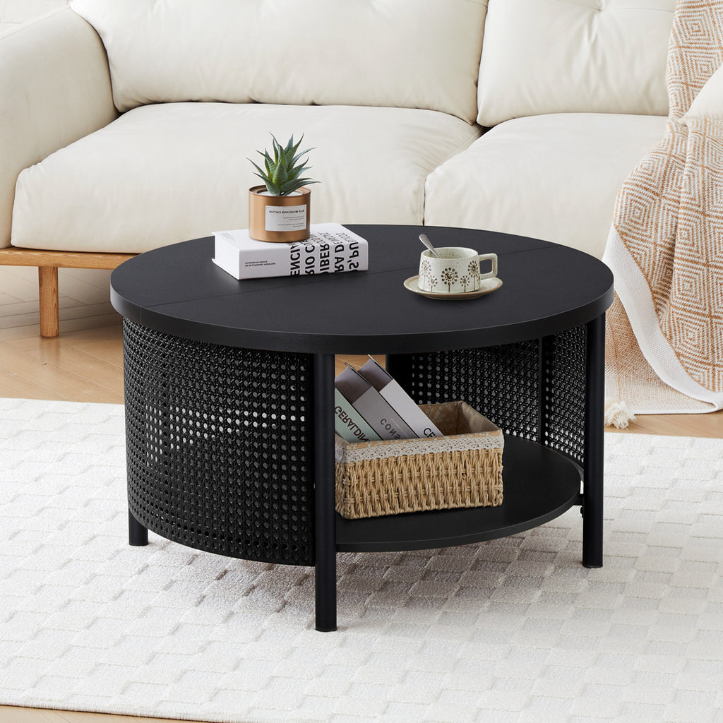 Wirrytor Rattan Round Coffee Table with 2-Tier Wood Storage