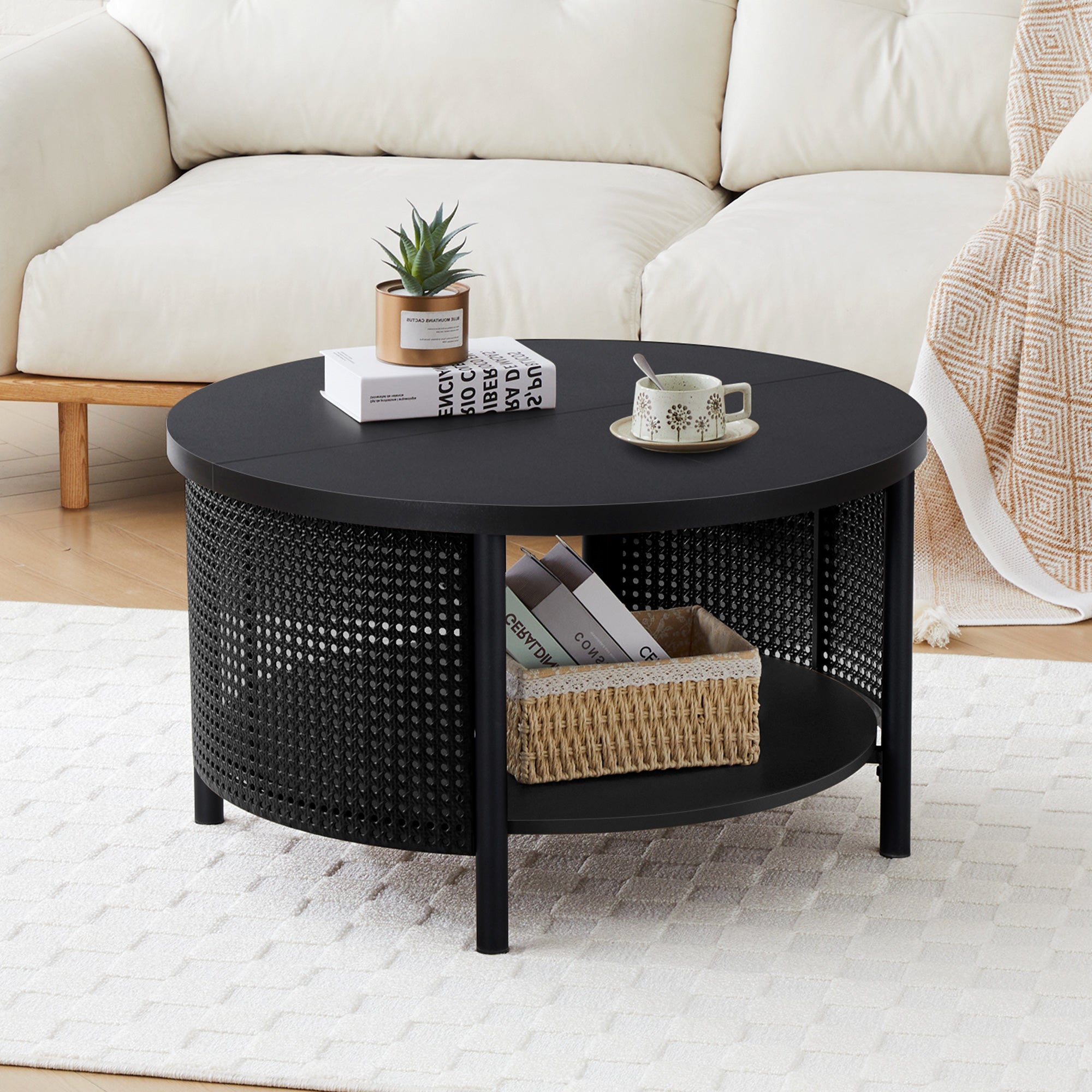 Wirrytor Rattan Round Coffee Table with 2-Tier Wood Storage