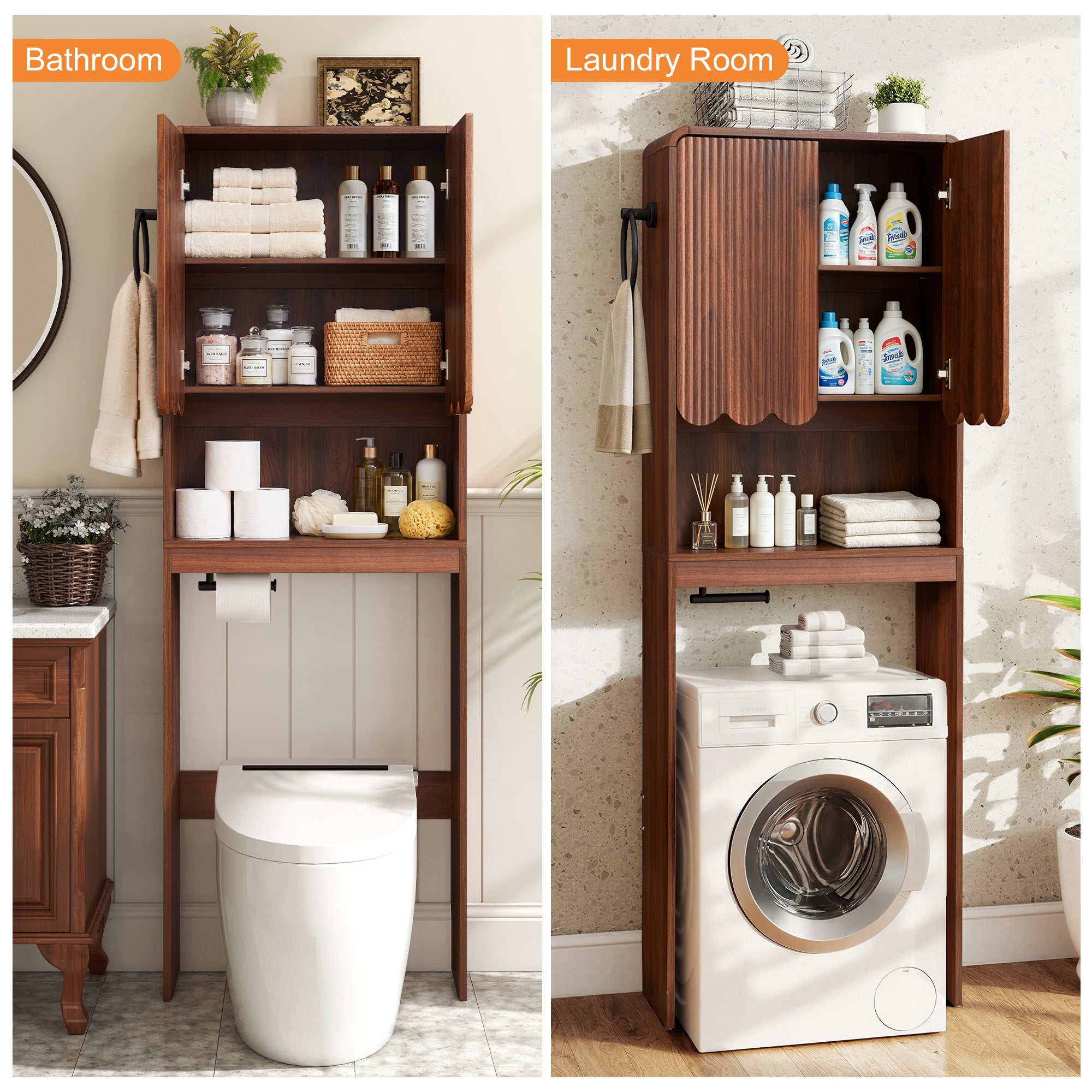 WIRRYTOR Modern Fluted Over the Toilet Storage Cabinet, 68" Tall Freestanding Bathroom Organizer with Adjustable Shelf and Paper Holder, Walnut