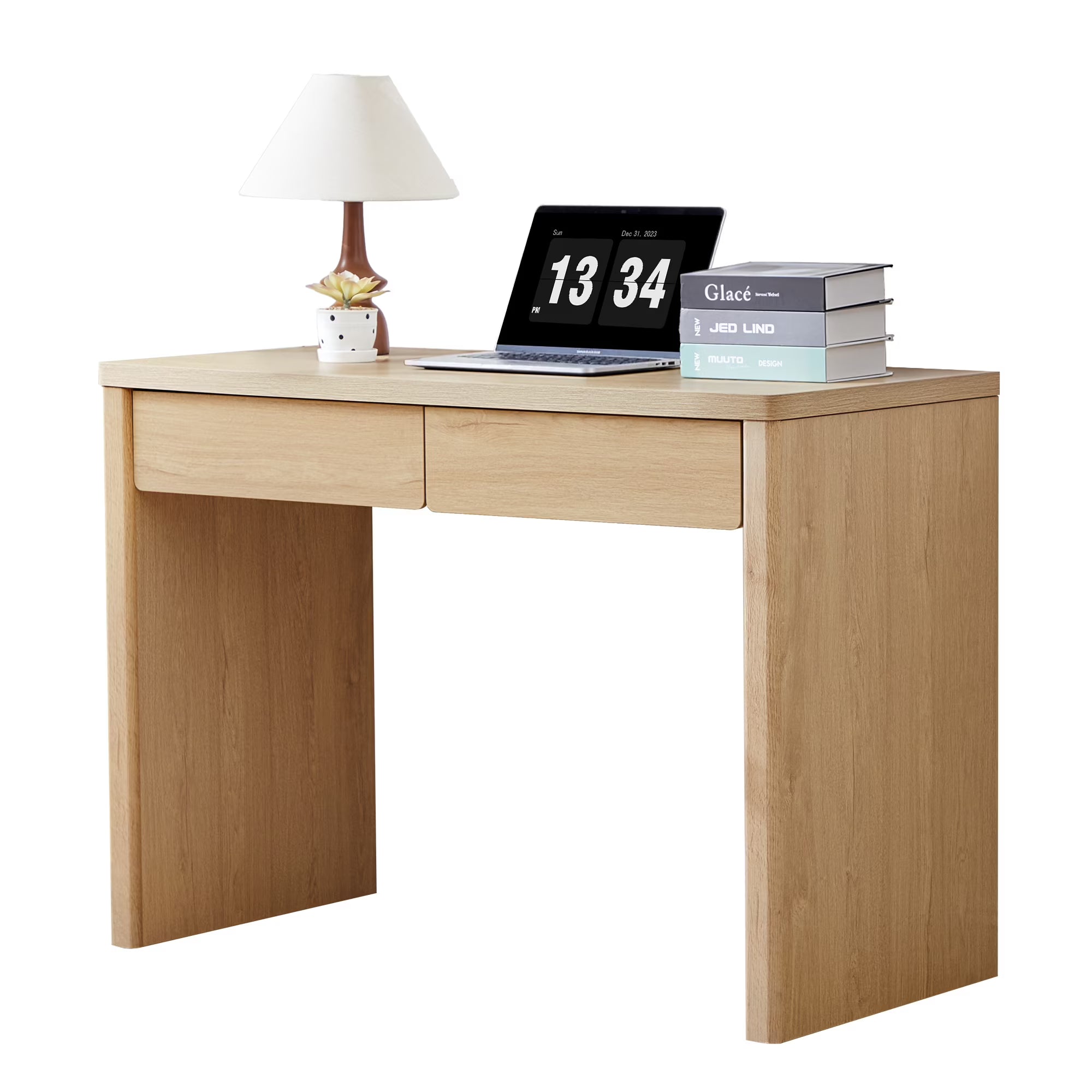 Wirrytor Natural Wood Small Computer Desk With 2 Storage Drawers, Scandinavian Study Desk For Bedroom Home Office Compact Space Vanity Table