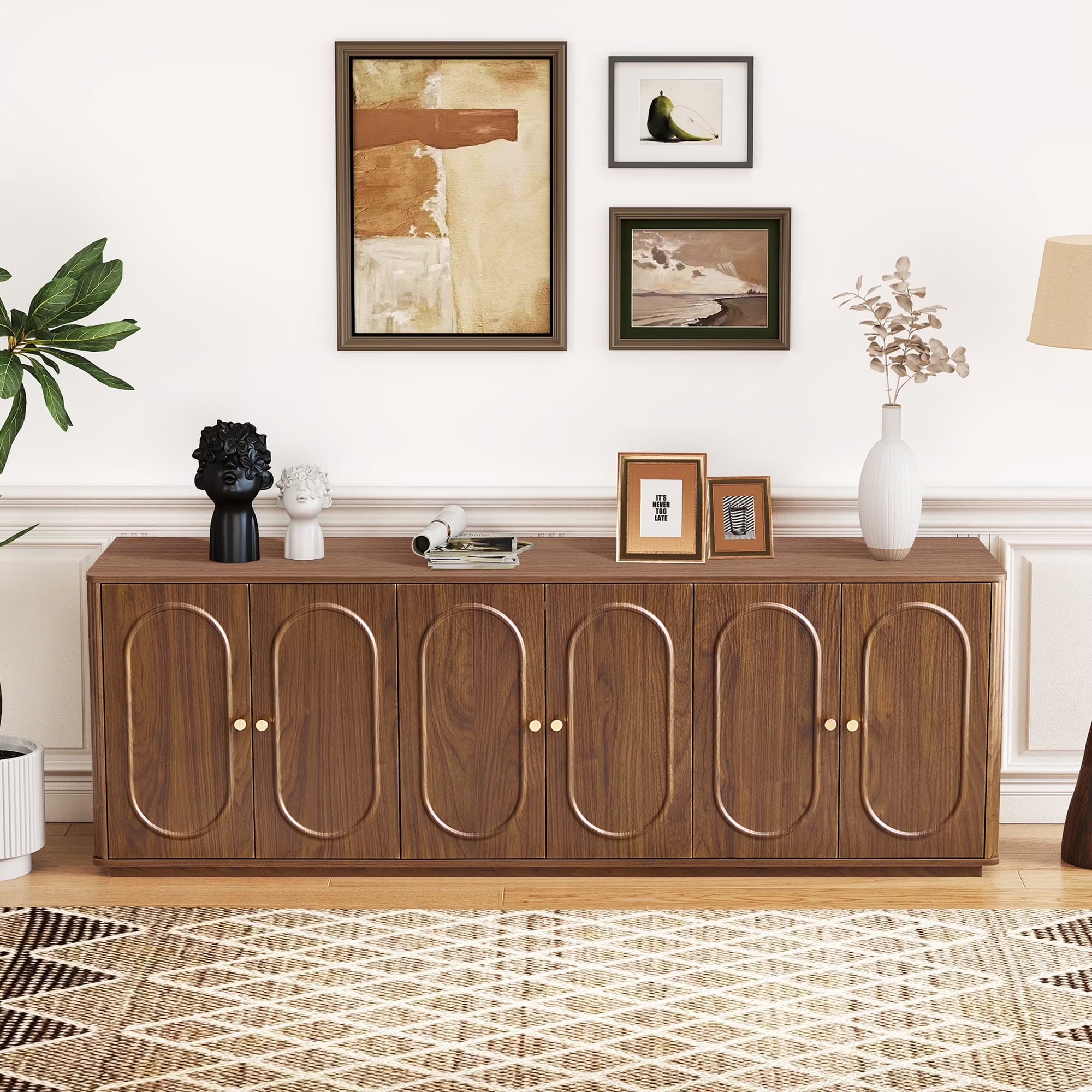 Wirrytor Fluted Sideboard Cabinet with Storage and Adjustable Shelves, Buffet Cabinet with Storage Cabinet, Fluted Carved Kitchen Cabinet, Dining Living Room Walnut