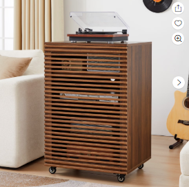 Wirrytor Media Storage Cabinet, 4-Tier Shelves Audio Video Record Stand Cabinet with Height Adjustable, Modern AV Cabinet with Doors and Pulley, Storage for Entertainment Stereo